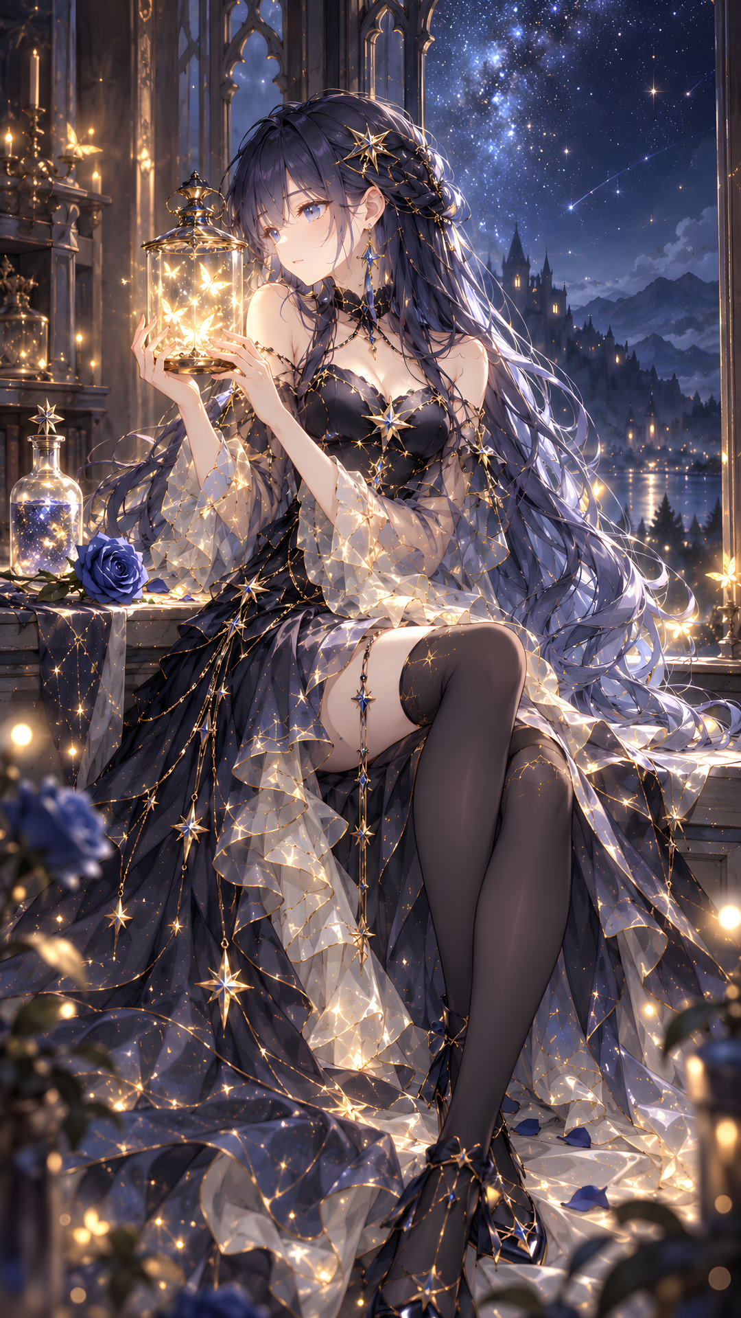 星萤 | 把一整夜的星光，都收进她的裙摆里。

#手机壁纸##ai绘画##治愈系##动漫壁纸# ​