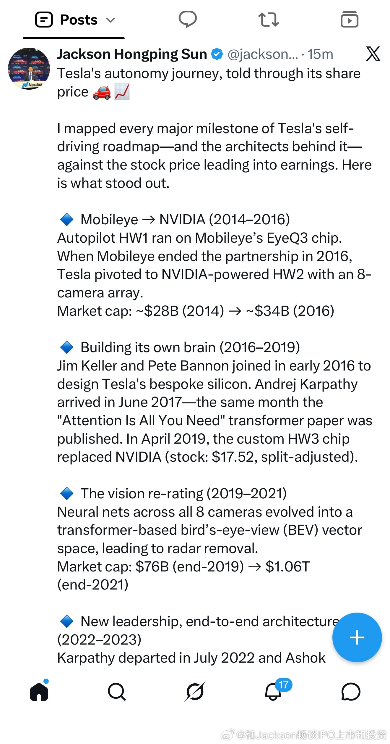 特斯拉的自动驾驶之路，藏在股价的chart里 🚗📈

在财报发布前，我将特斯拉自动驾驶路线图的每一次重大技术迭代——以及背后的关键缔造者，与股价走势做了一一映射。以下是几个最具启发性的发现：

🔹 Mobileye → 英伟达 (2014–2016)

Autopilot HW1 最初搭载 Mobileye 的 EyeQ3 芯片。2016 年 ​