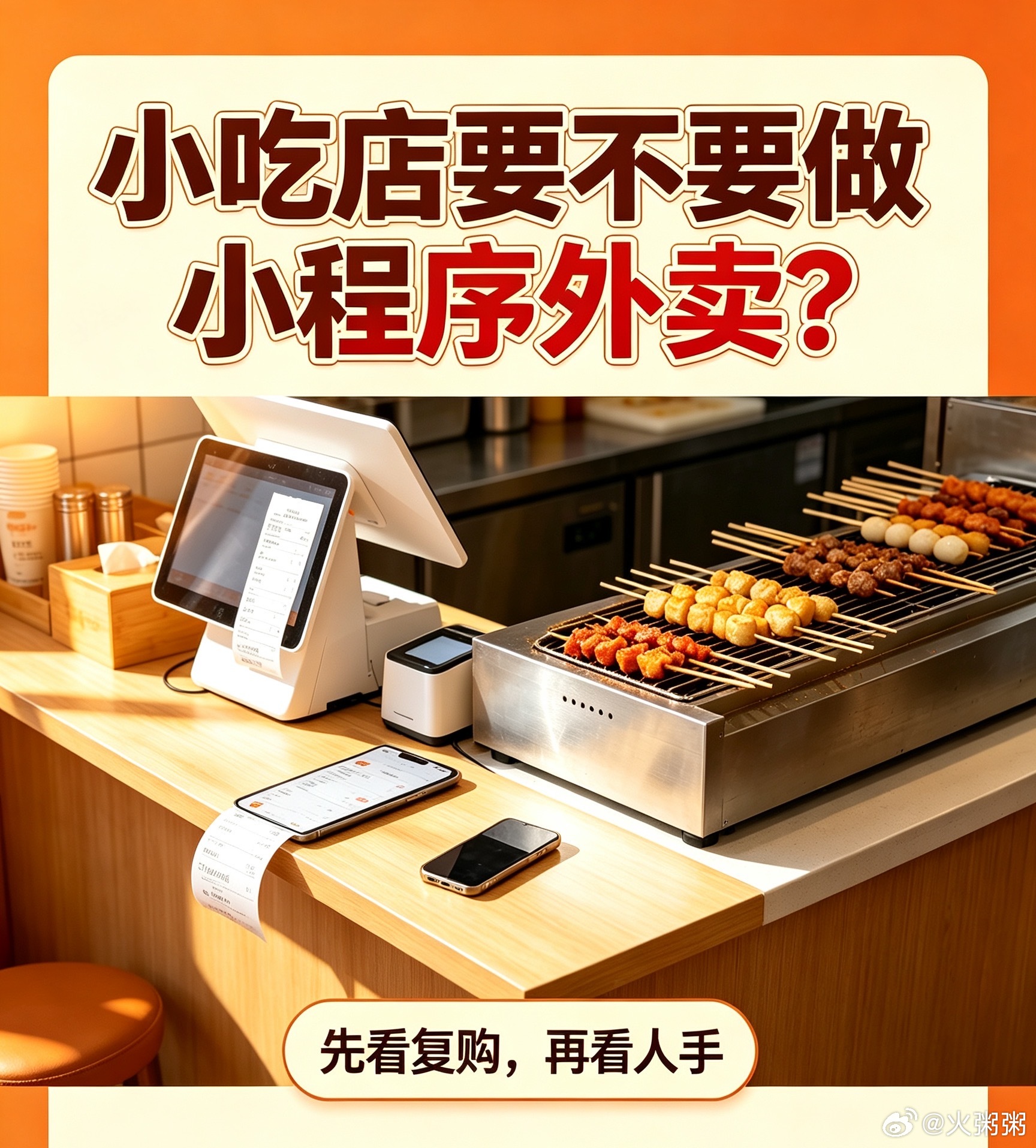 炸串店做小程序外卖，别盲目跟风💢

自己在滨江开炸串店，美团饿了么+小程序两套系统我都在跑。
踩过实际的坑，跟想做小吃的朋友说点大实话。

很多同行看到别人做小程序外卖能省平台抽点，就脑子一热直接上线。
以为装上就能多赚钱，真正跑起来才发现，远没有想象中简单。

✅说说实实在在的好处
▪ ​