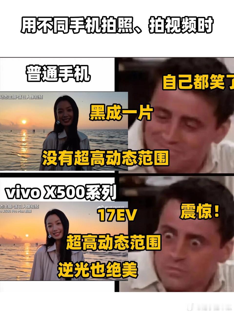 逆光人像有点绝[惊恐]
这对比也太明显了，想过差距大，没想过这么大。[期待]
上下对比很直观了，X500 Pro Max逆光场景下蓬松的发丝在金色阳光里随风飘扬，每一根都清清楚楚；下方没有超动态范围的，人脸死黑，要么背景过曝，头发直接糊成一片。这就是17EV动态范围的实际表现，[毕业快乐]亮部和暗部的细 ​