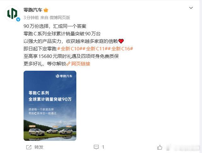 #零跑C系列全球累销破90万台#9月2日，零跑汽车发文称：零跑C系列全球累计销量突破90万台。 ​