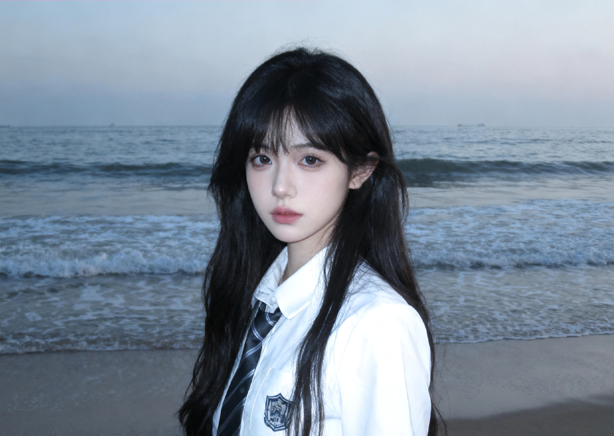 甜妹，淡妆，精致，复古，忧郁氛围。她的孤独与海融为一体。穿着白色JK...