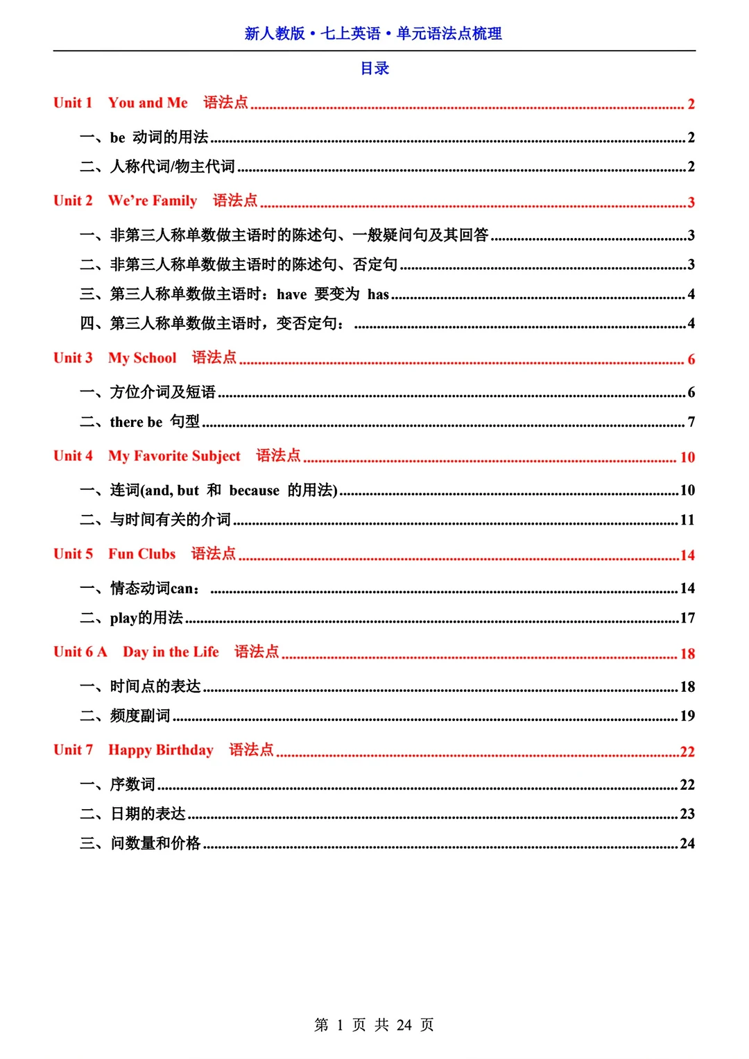 2025七年级上册英语单元语法点梳理
