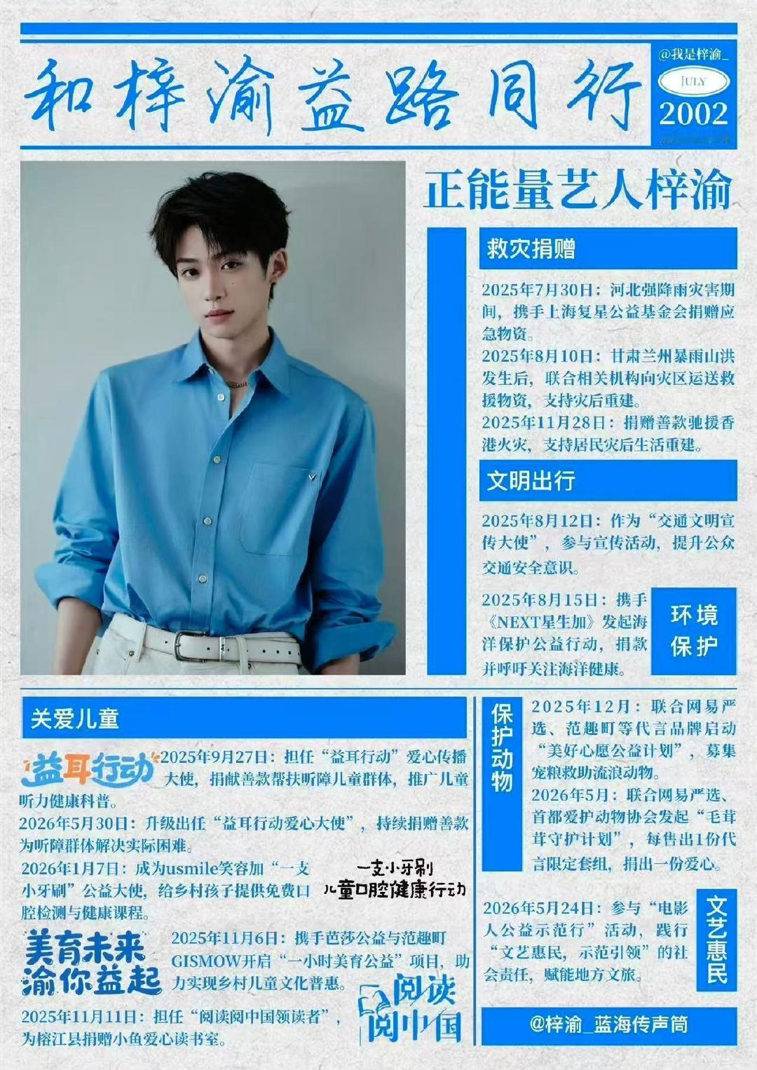 #黄晓明明天爱心基金感谢梓渝#梓渝和YUNI始终坚持投身公益，以偶像为炬，以热爱为底色，把喜欢转化为实实在在的善意，步履不停，持续传递温暖与正能量。 ​