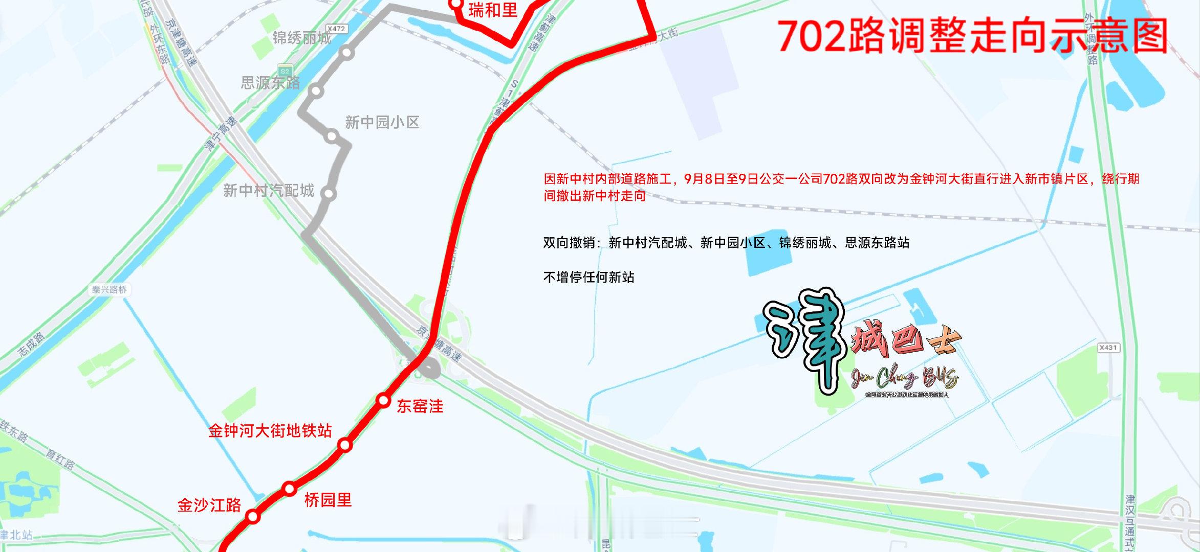 【巴士快讯】#天津身边事# 受新中村闽中路及村内道路施工影响，车辆禁止左转通行，公交一公司702路自今日起，双向临时调整，改走金钟河大街直行回原线，不进入新中村村内行驶，原相关中途站点甩站通过不停靠，无增站。待9月10日（后天）施工结束后恢复原线路行驶，两天工作日出行带来的不便敬请谅解 ​