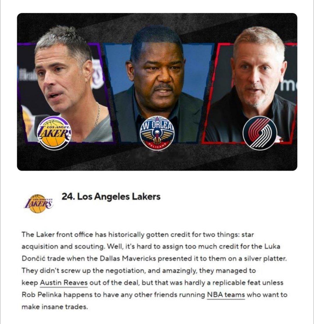 #湖人管理层排名跌至第24位#在CBS最新一期的NBA管理层排名中，湖人的管理层只排在第24位，显然属于比较差的级别。这份榜单中，湖人管理层的排名只高于雄鹿（第25）、掘金（第26）、太阳（第27）、开拓者（第28）、鹈鹕（第29）和国王（第30）。 #湖人管理层仅排第24# ​