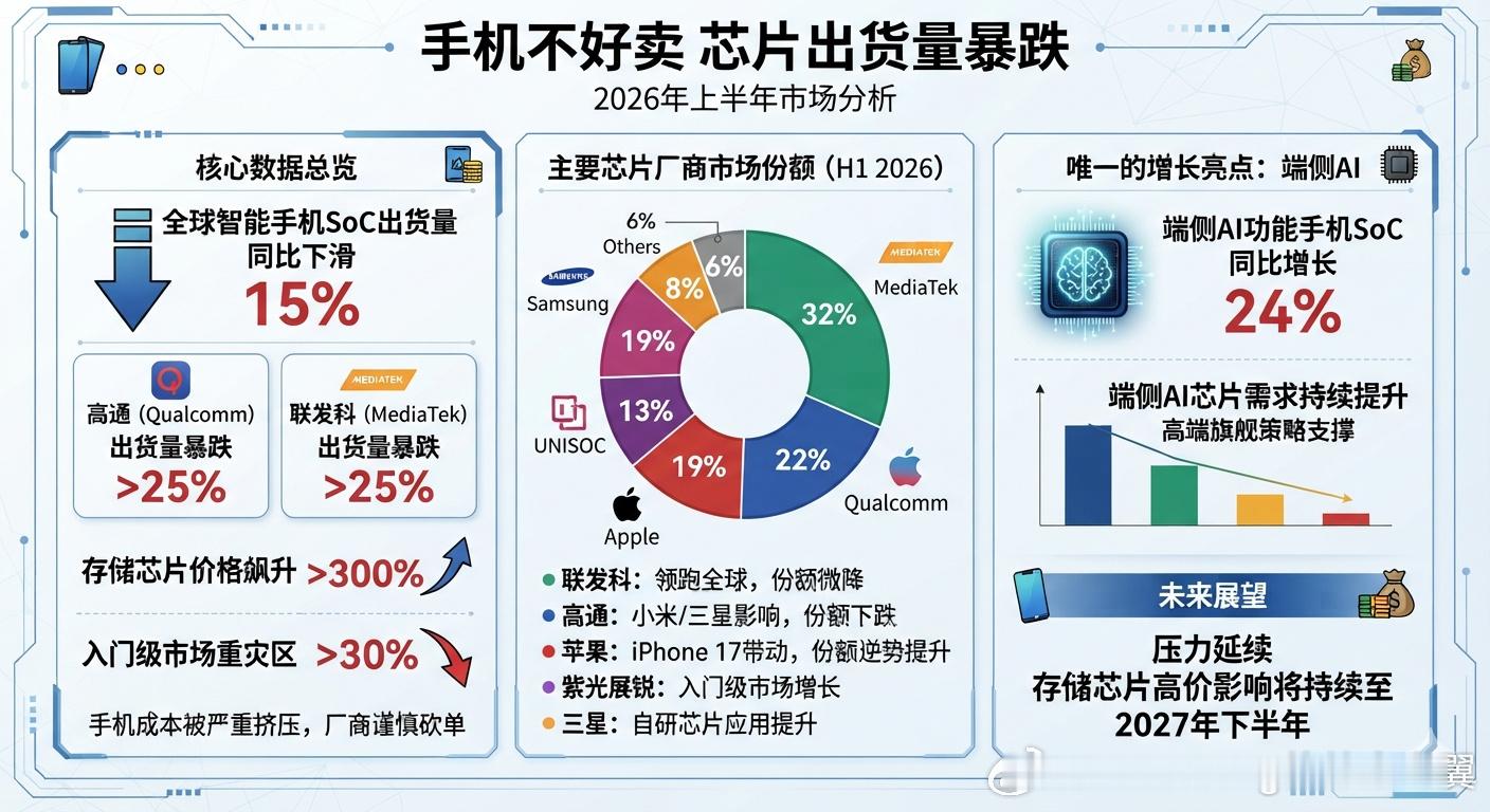 芯片出货量暴跌2026年上半年，全球智能手机SoC（主芯片）出货量同比...