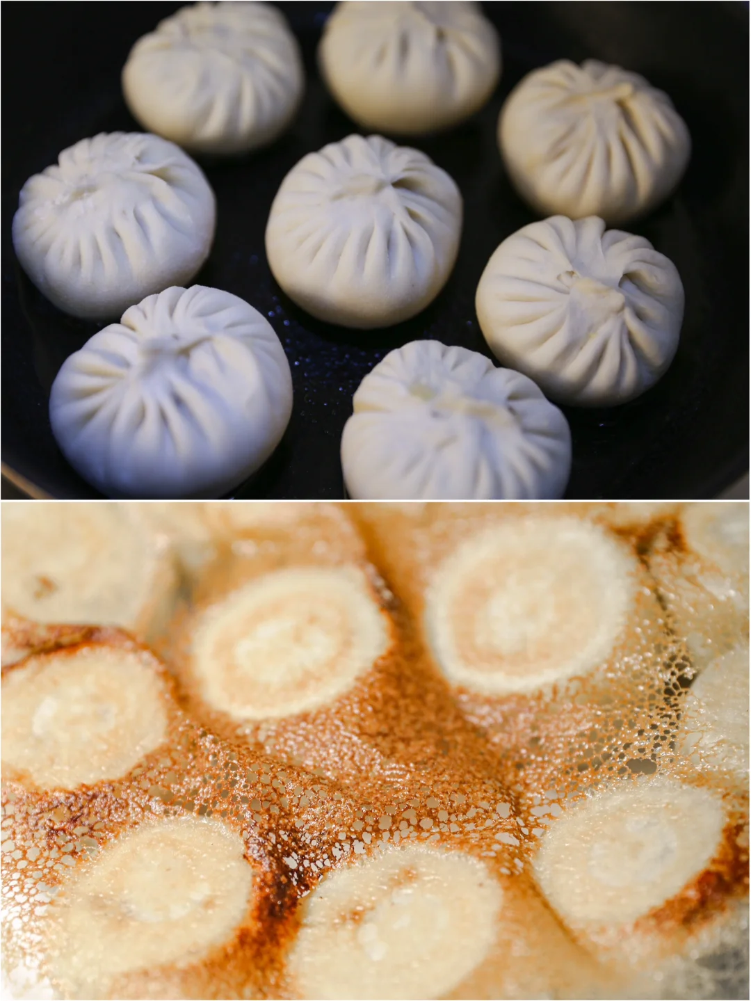 白菜鲜肉水煎包底部酥脆、内馅鲜美多汁