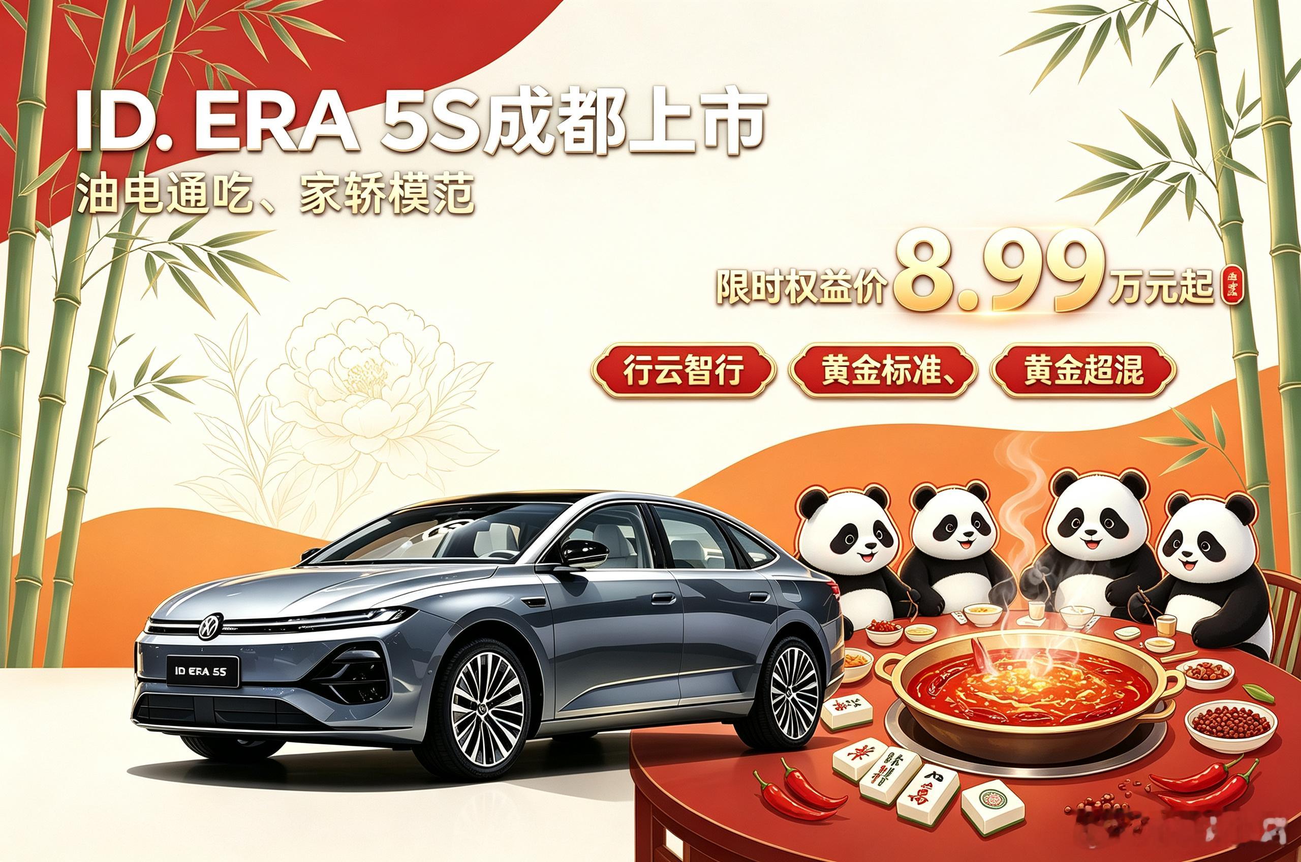 ID ERA 5 S正式上市啦！出乎意料的诚意！
D. ERA 5S是ID ERA家族的首款轿车，定位“德系超混智能家轿”，2026成都车展上市，限时权益价8.99万–11.99万元。
 
智驾越级：大众全球首款支持城市NOA的轿车，搭载联合酷睿程定制的“行云智行”系统（地平线征程芯片+端到端大模型），覆盖城市/高速NOA、记忆 ​