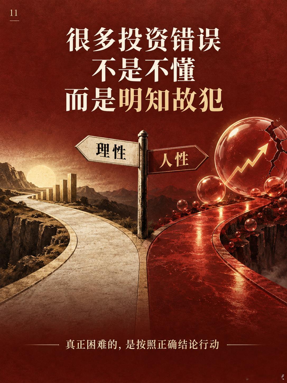 【很多投资错误，不是不懂，而是明知故犯】

面对明显的市场泡沫，投资者真的不知道其中的风险吗？

很多时候并非如此。

理性告诉他：估值已经脱离基本面，继续追高并不合理；人性却告诉他：别人正在赚钱，再不上车就来不及了。

最终的错误，往往不是发生在“判断对错”时，而是发生在“选择听谁的” ​