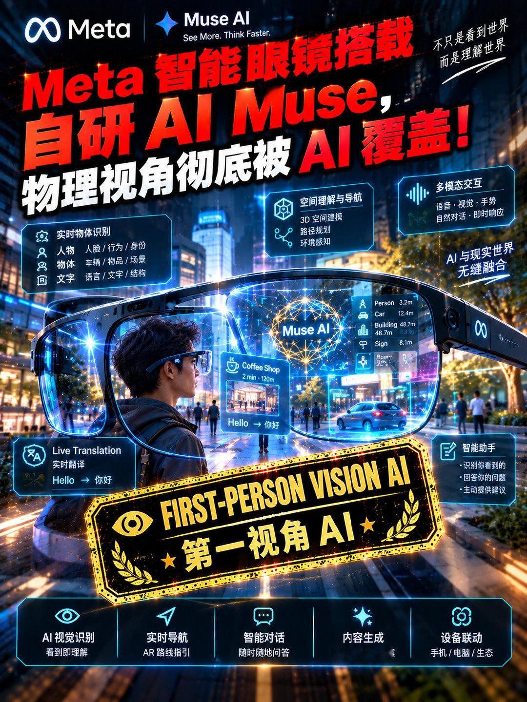 Meta 抛出了下一代硬件端侧的终极王牌——正式官宣将在下一代 Ray-Ban Meta 及全新 AR 智能眼镜上，全面搭载自研原生具身/多模态 AI 引擎——“Muse”！ ​