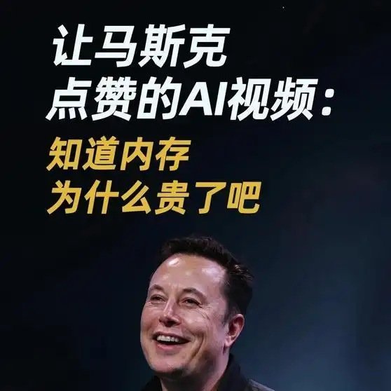《让马斯克点赞的AI视频：知道内存为什么贵了吧 马斯克神调侃 英伟达黄仁勋 #AI 算力》播放量：556
作者：华尔街见闻 ​