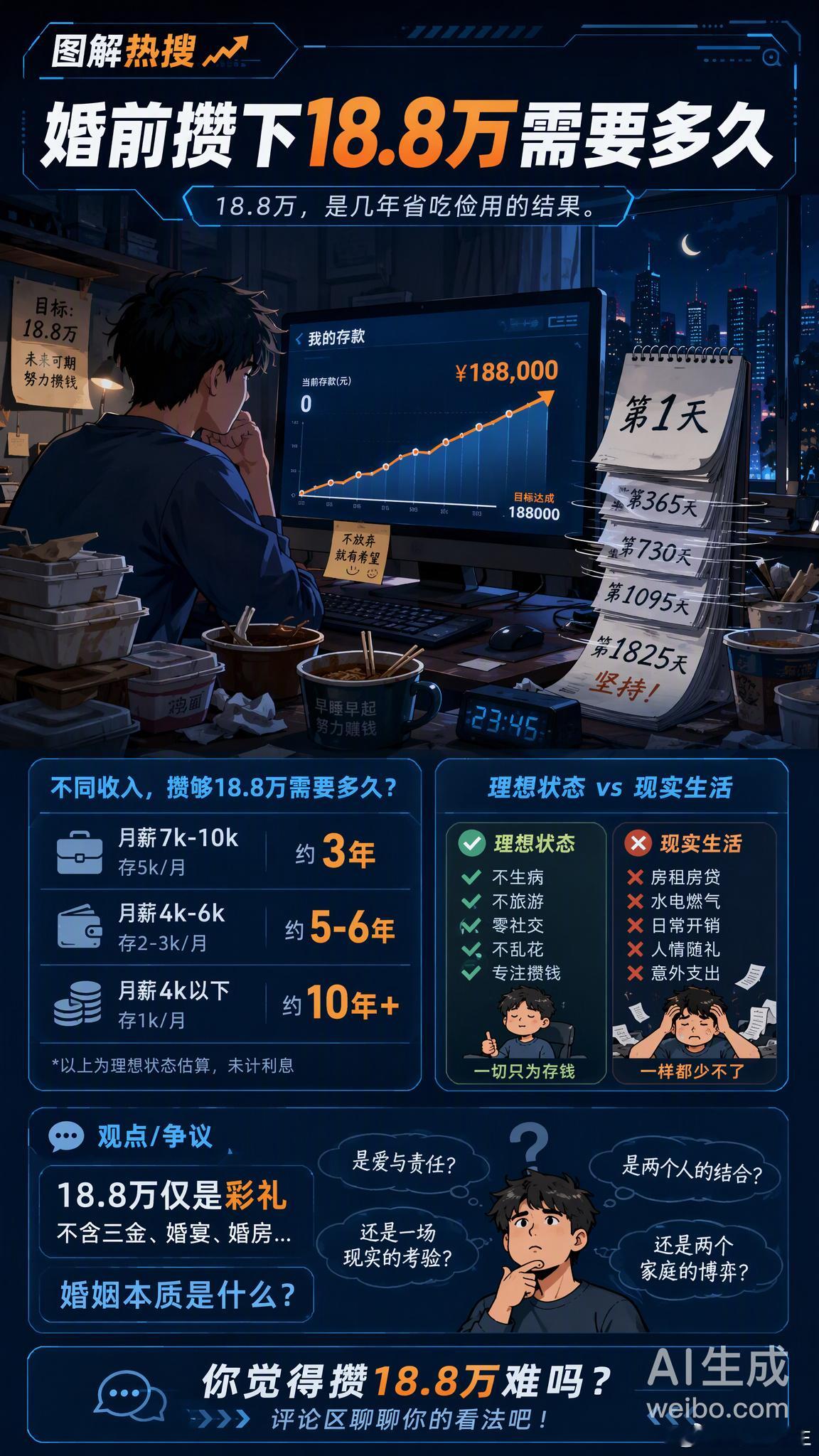 婚前攒下18.8万需要多久 这个话题扎心了，但也很真实。按照目前公开信息里的测算：· 月薪7000-10000，每月咬牙存5000，最少也要3年· 月薪4000-6000，每月极限存2000-3000，需要5-6年甚至更久· 月薪4000以下，每月结余一千出头，攒够至少要十年而且以上还是「理想状态」——不能生病、不能旅游、少社交、没有人情往来、没有任何意外开支。现实是房租水电、日常开销、人情随礼、突发支出一样不少。18.8万还仅仅是彩礼这一项，三金、婚宴、婚房、车辆……整体结婚成本远超想象。说到底，18.8万不是个小数字，对普通工薪族来说，是几年省吃俭用的结果。与其争论彩礼高低，不如想想：婚姻的本质到底是什么？你觉得婚前攒下18.8万难吗？你花了多久？情感热点创作激励计划情感态度表达