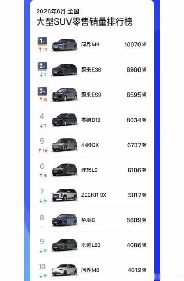 6月大型SUV排行，极氪9X跌到5817辆，问界M9强势登顶，突破万台...