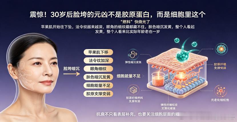 震惊！30岁后脸垮的元凶不是胶原蛋白，而是细胞里这个“燃料”快烧光了
一、市场现状：30岁后，护肤越贵脸越垮？
你有没有发现一个扎心的现象——过了30岁，明明护肤品越买越贵，精华、面霜、面膜一样没落下，可脸上的状态却像坐上了滑梯：苹果肌开始往下坠，法令纹越来越深，眼角的细纹藏都藏不住，肤 ​