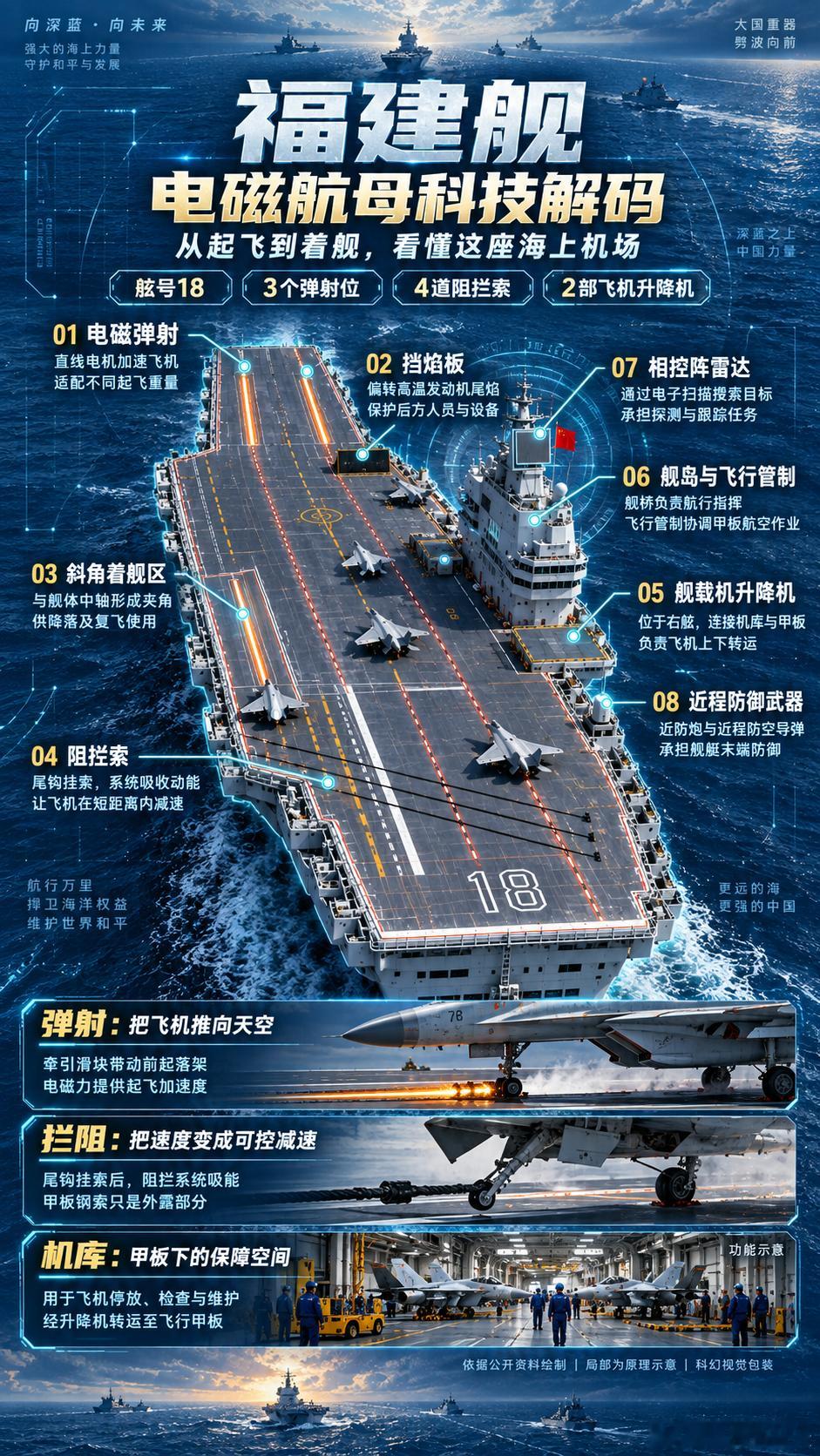 福建舰到底强在哪？看完这张图就明白了！

福建舰舷号18，是我国首艘电磁弹射型航空母舰，满载排水量8万余吨。它最醒目的变化，就是取消滑跃甲板，采用平直通长飞行甲板，并设置3个电磁弹射起飞位。相比滑跃起飞，电磁弹射能够根据舰载机重量调节加速过程，让战机带更多燃油和弹药升空，也能支持空警-6 ​