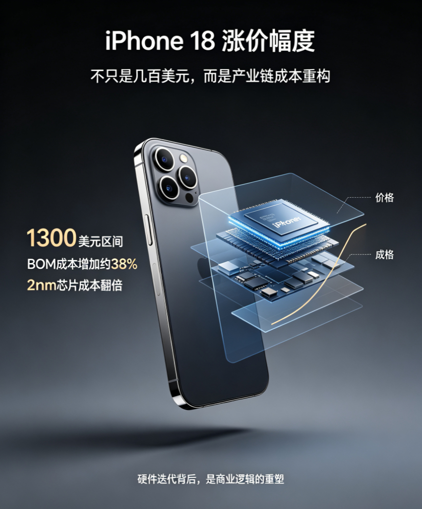 iPhone 18涨价这事，别光盯着那几百美元的涨幅看。 
 
当彭博社预测美版起售价要涨到1300美元区间，国行Pro系列大概率突破万元大关时，这其实是一场蓄谋已久的产业链成本重构。存储芯片价格暴涨、2nm A20 Pro芯片单颗成本翻倍，整机BOM成本增加了约38%。苹果不是在单纯涨价，而是在为这些硬核的硬件迭 ​