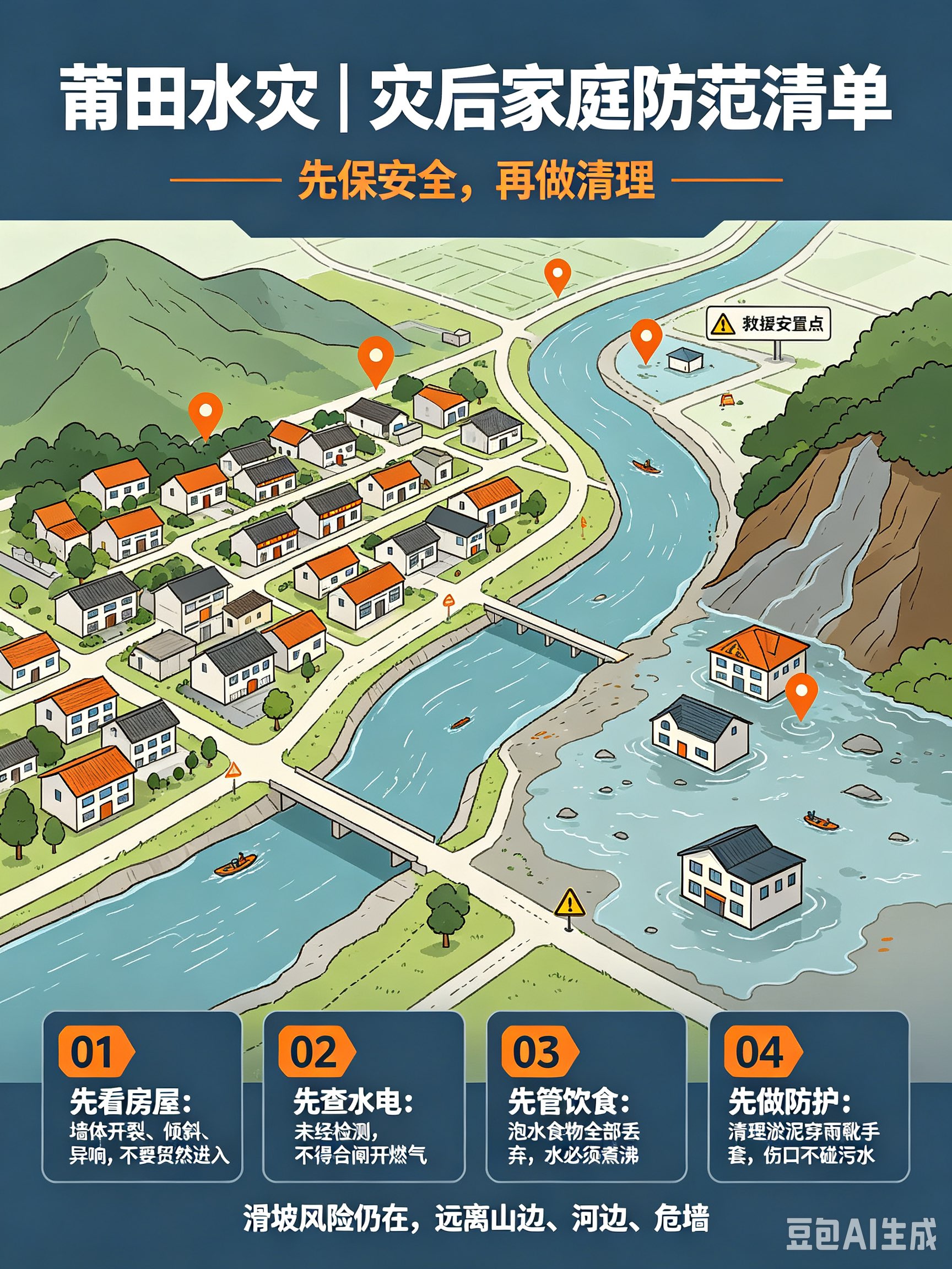 莆田水灾后，老百姓重点防范事项
雨停不等于危险结束，滑坡坍塌、触电、饮水饮食污染、皮肤病肠道病是主要风险，已经转移的群众不要私自提前回家，听从村里、社区通知再返回。
一、地质与房屋安全（保命第一）

1. 警惕滞后滑坡、塌方
山地、边坡、屋后山坡，土壤已经泡透，就算不下雨，未来十几天依旧会发生滑坡、