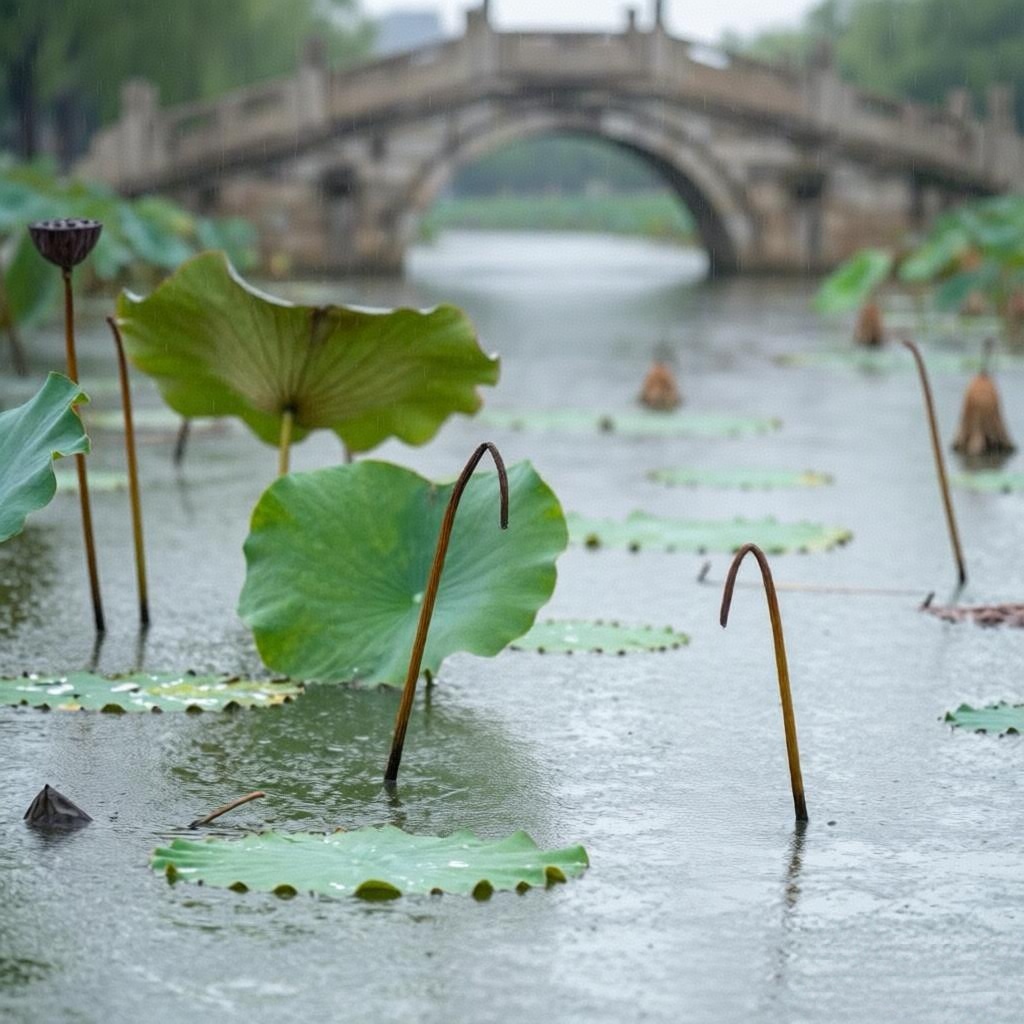 诗（残荷余韵）
​
​作者/凤非
​秋雨潇潇虐老荷
​残香零落逐寒波
​莫笑枯干