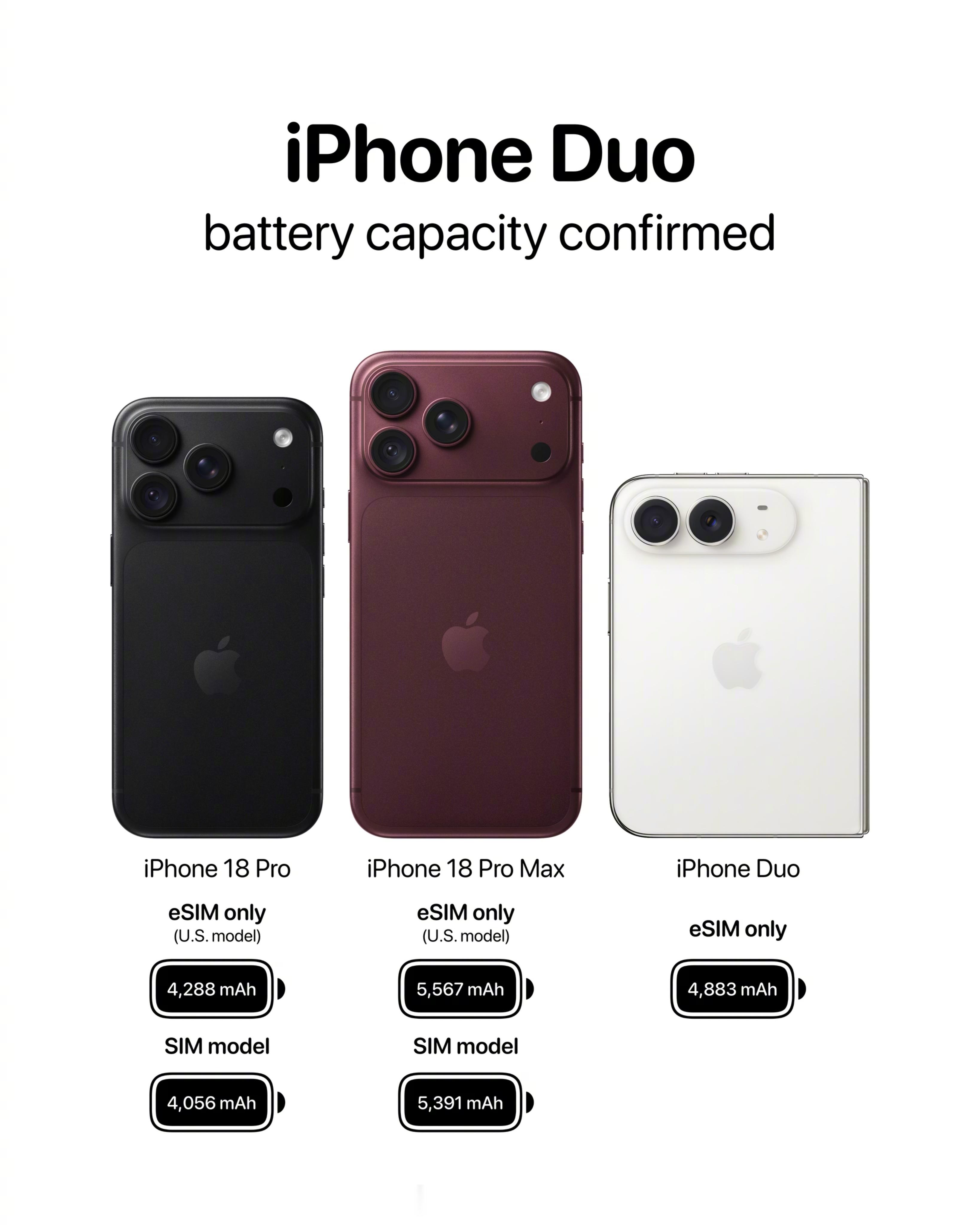 iPhone Duo内置两块钢壳电池，一块容量2962mAh，另一块1921mAh，合计4883mAh，接近4900mAh。

因为是双电芯独立架构，在设置的电池健康页面，会分开显示两块电池各自的最大容量、循环次数，两块电池的老化进度不一样属于正常情况。

维修这块要分清渠道。苹果官方直营店和授权售后，不支持单独更换其中 ​