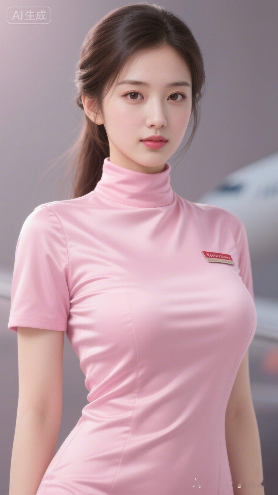 这是一位穿粉色制服的美女。