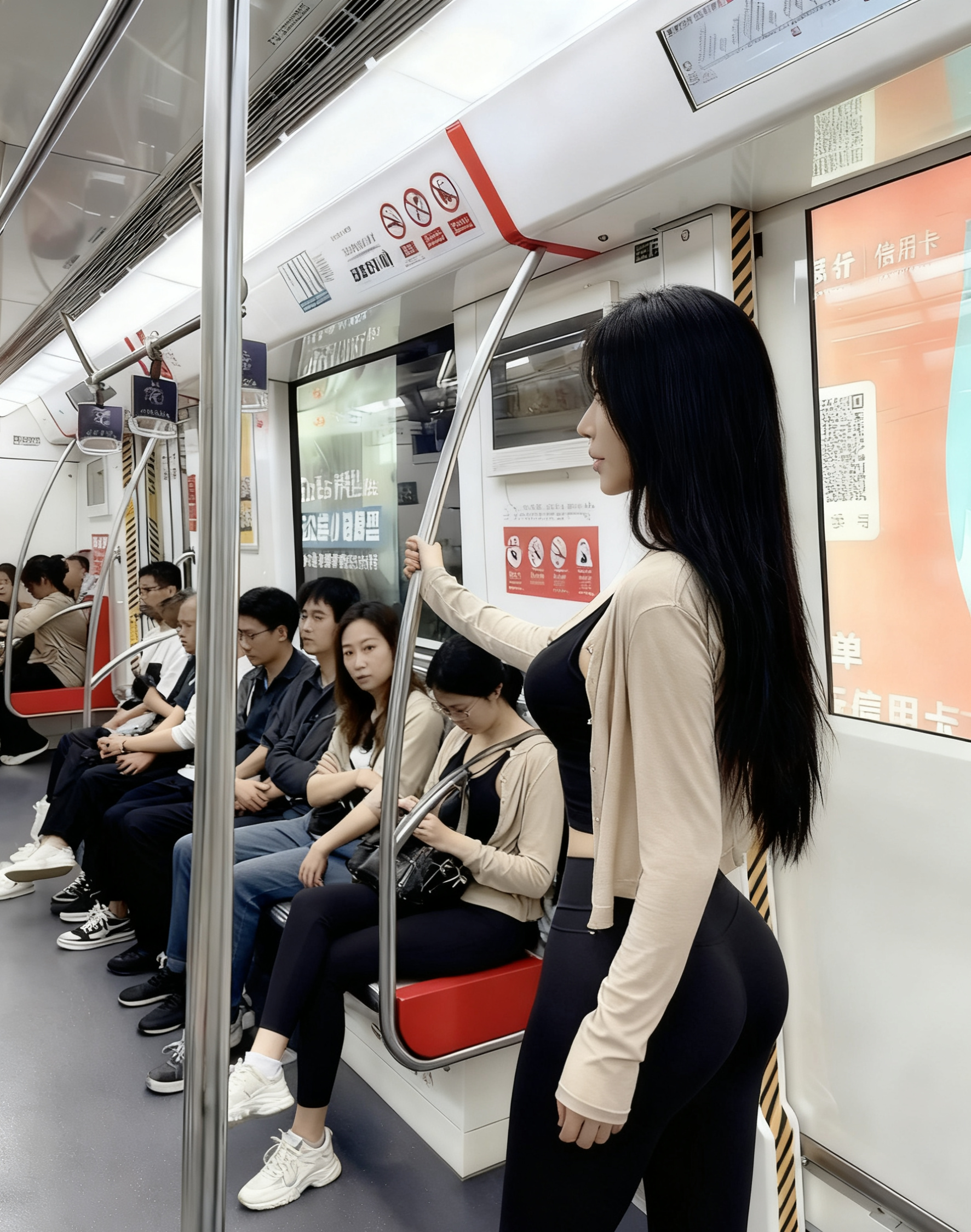 地铁里的这位美女身穿米白短款瑜伽上衣，搭配配灰色高腰微喇瑜伽裤，外搭裸...