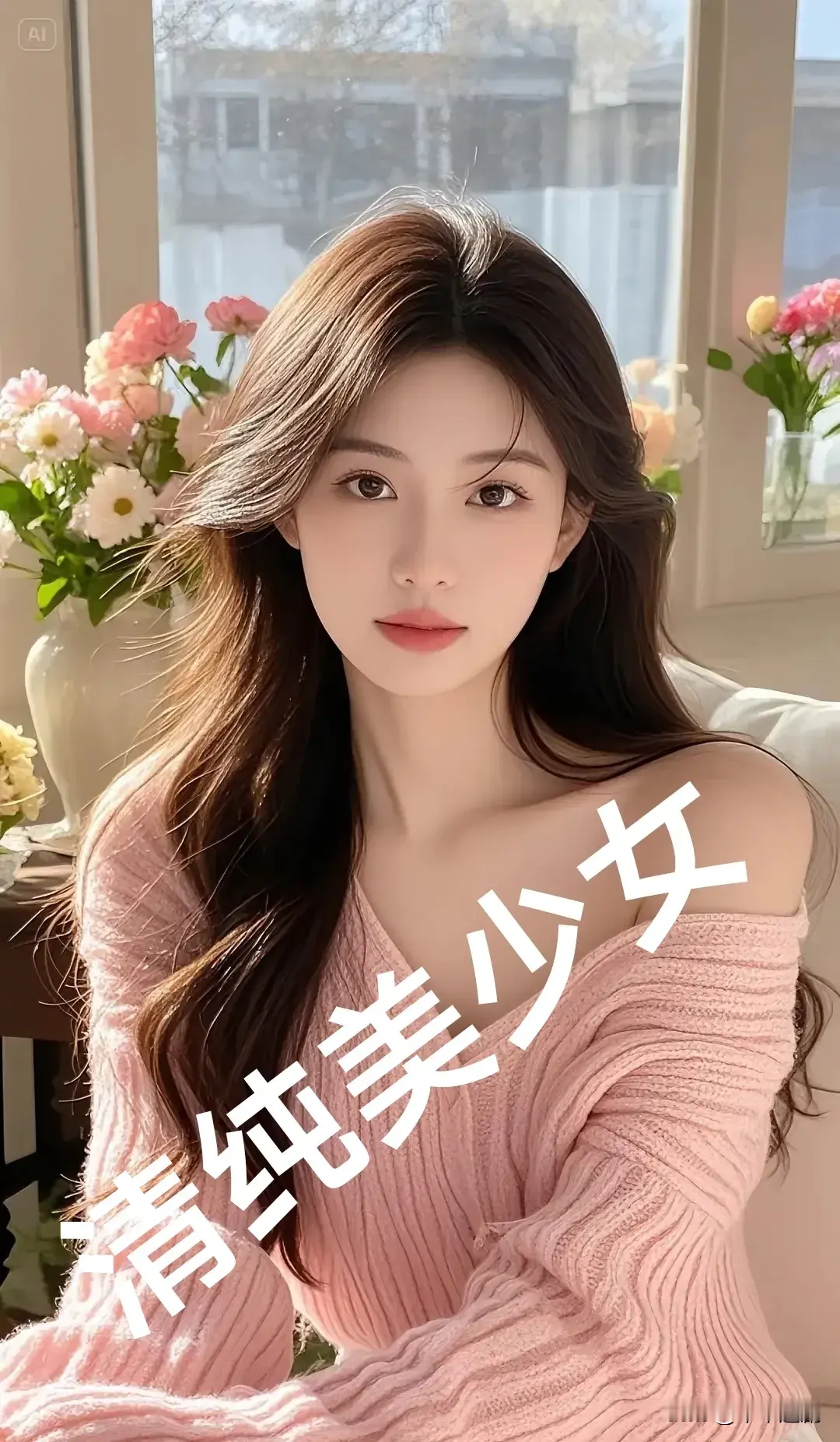 她身着粉衣，长发轻扬，在花影暖阳里，如清甜的风，将清纯少女的美好，酿...