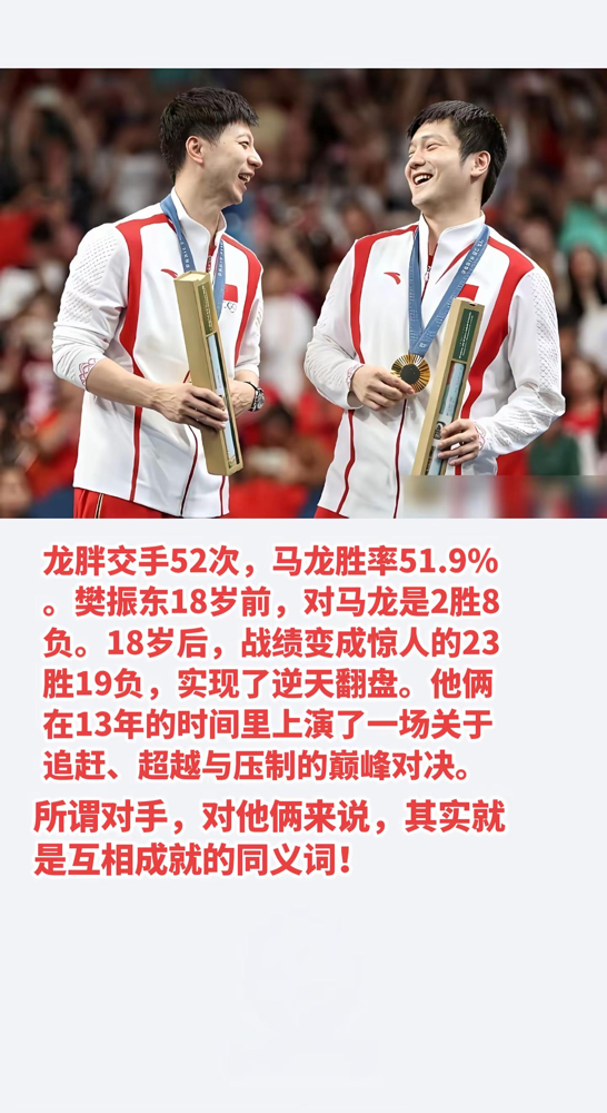 马龙压了樊振东13年，最后总账一算，只多赢了2场。
52次交手，马龙27胜，樊振东25胜，胜率51.9%。就差两场球。
可把时间切开，完全是两个故事。樊振东18岁前碰马龙，2胜8负，被打得没一点脾气。2017年杜塞尔多夫世乒赛决赛，两人撕到决胜局，马龙12-10险胜，赛后说自己这辈子没打过这么疯