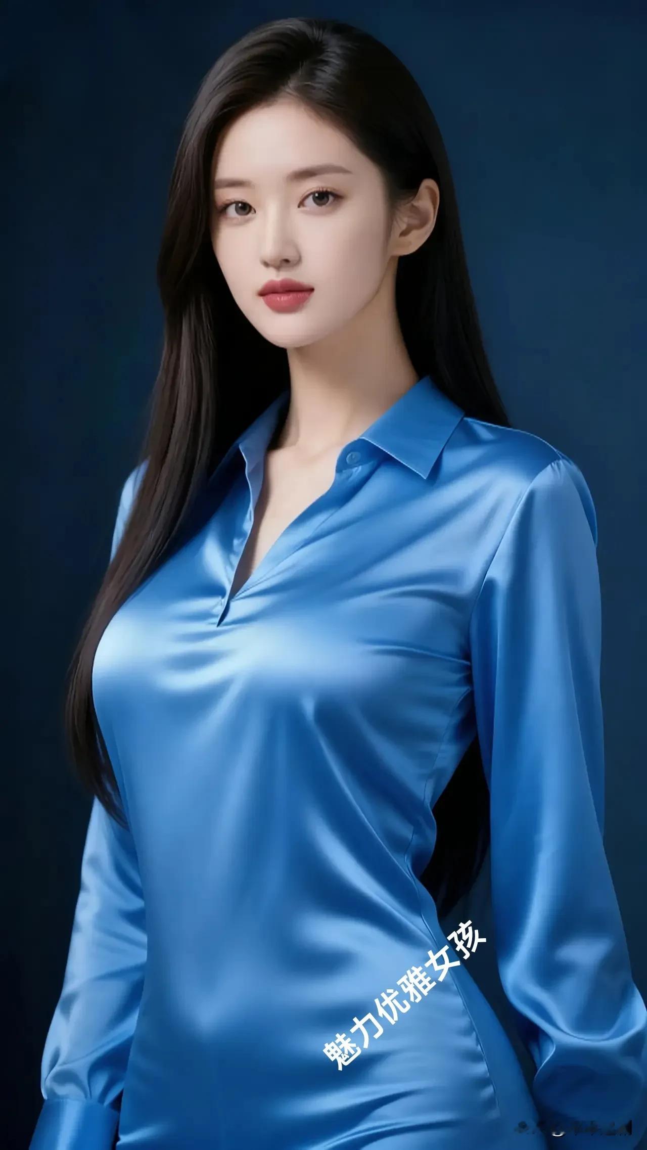 冰蓝缎面衬衫光泽流转，长发披肩气质卓然。她是镜头下的优雅女孩，将知性...