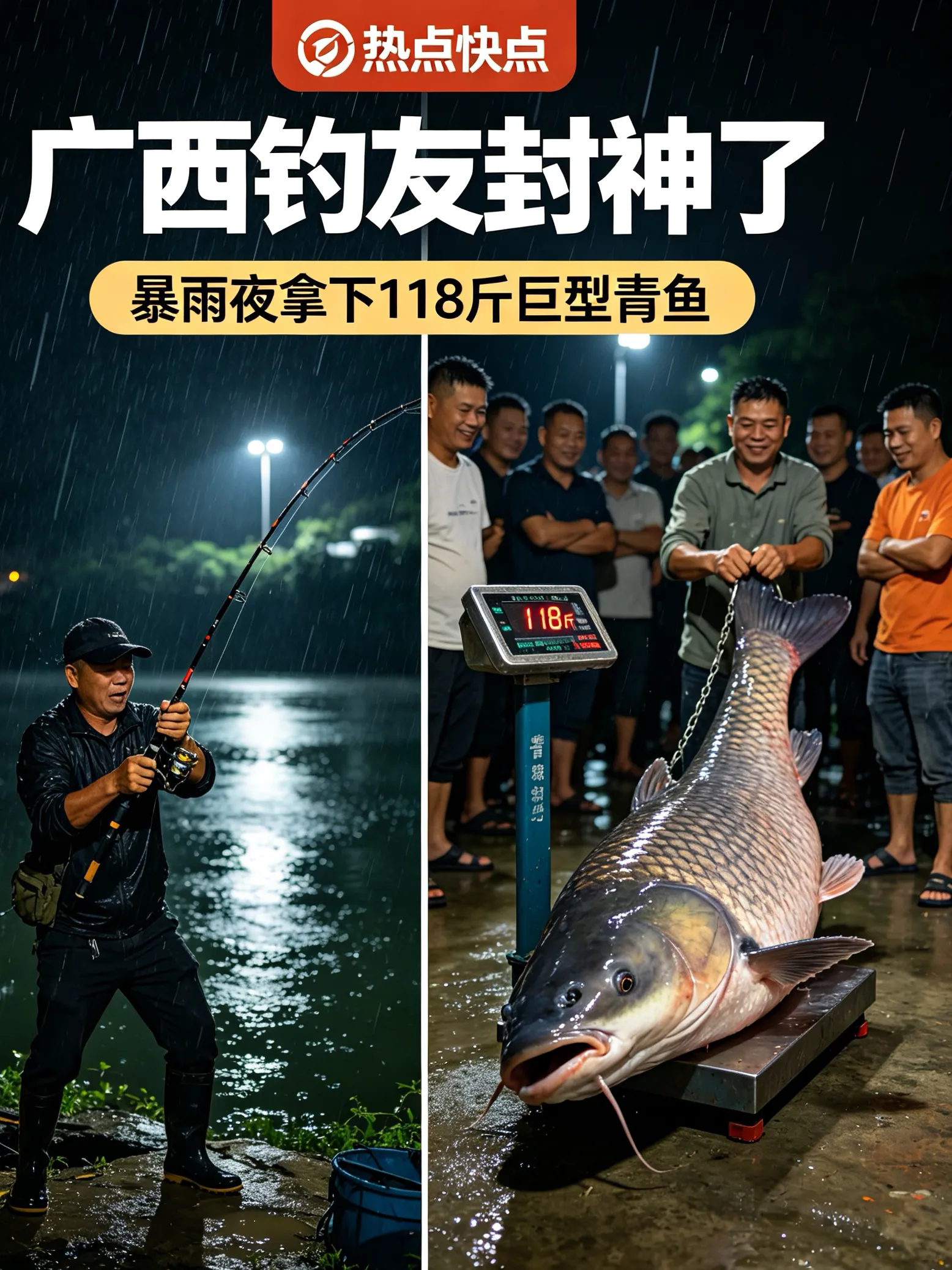 一位钓友的高光时刻：一夜爆红！广西钓友雨夜钓获118斤巨型青鱼，渔乐背后藏硬核警示
 
广西河池一幕野钓画面，火爆刷屏全网。当地一名拥有三十年钓龄的老钓友，暴雨深夜野外作战，成功拿下罕见野生巨物。
 
本次出水青鱼重达118斤，体长1.4米。身形比肩普通成年人，在自然野生河道属于极品稀缺渔获。事发深