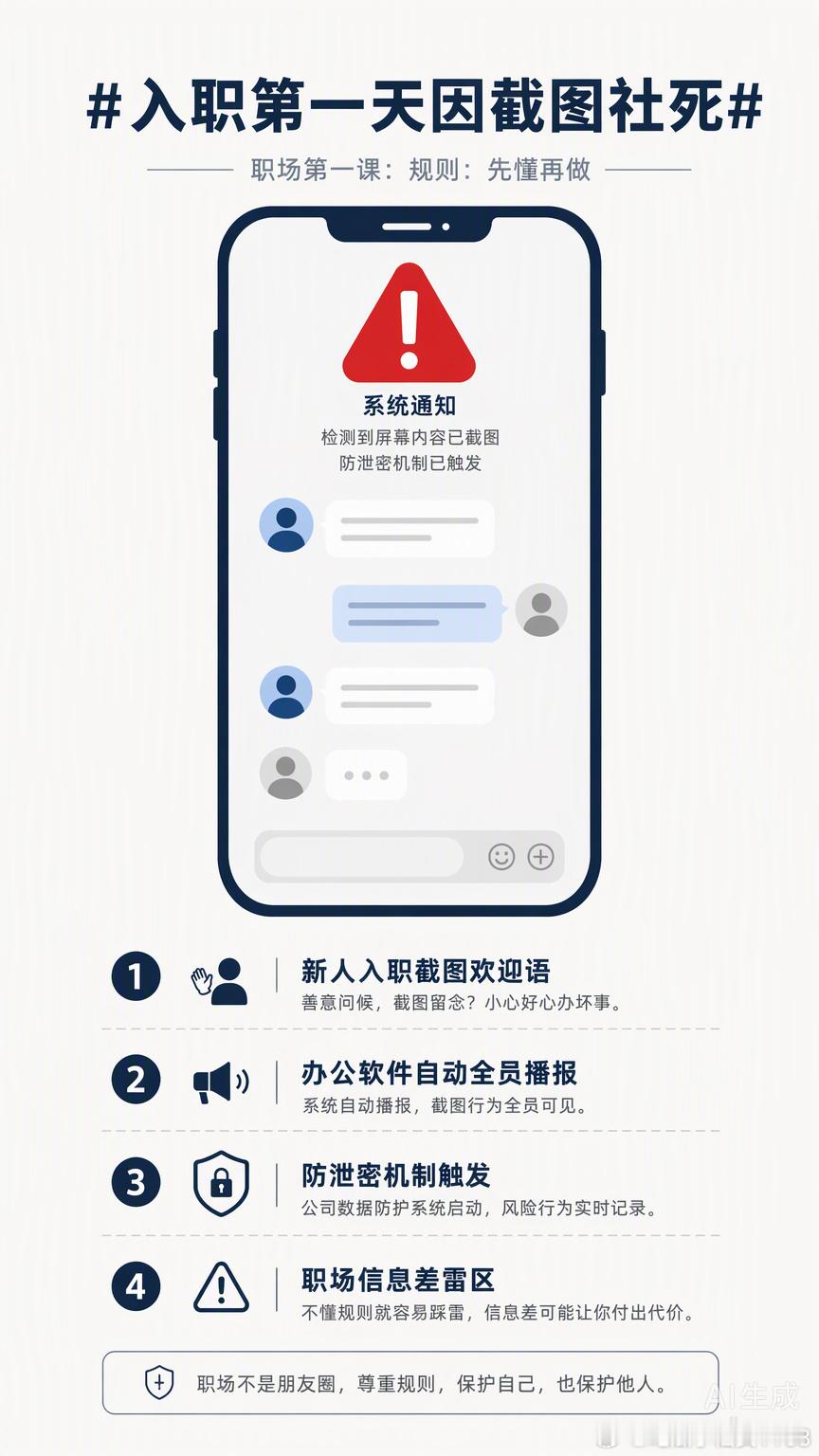 入职第一天想截图保存领导的欢迎语，结果办公软件直接在全员群播报“进行了截屏”，这简直是大型公开处刑现场。

很多人觉得这是手滑，但背后其实是新人对公司数字化管理规则的陌生。企业微信、钉钉这些软件的防泄密监控，对老员工来说是常识，对新人来说却是隐形的雷区。这种信息差带来的压迫感，比工 ​
