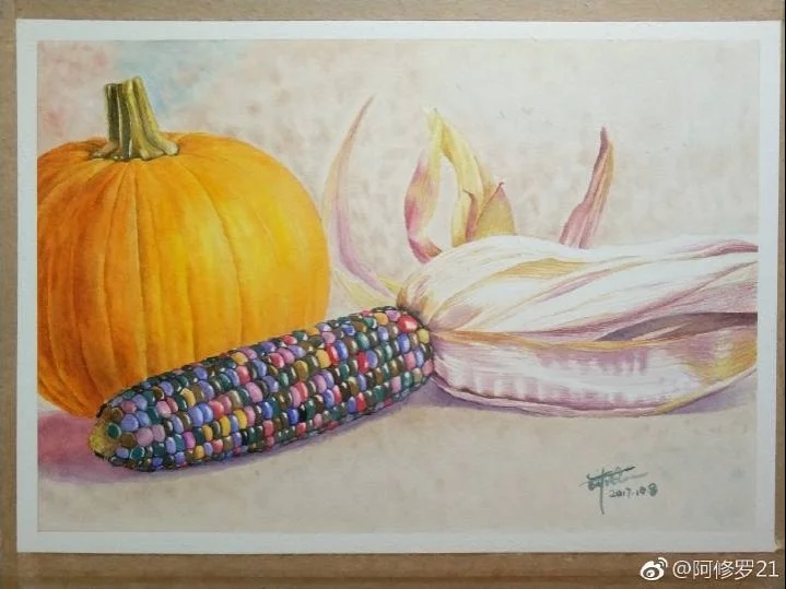 水彩静物，南瓜和玉米。