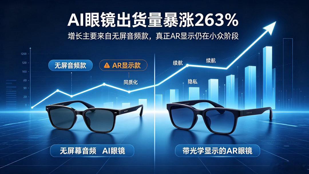 2026上半年全球AI眼镜出货量暴涨263%，看着数据很棒，但水分不小。绝大多数出货都是不带显示屏幕的音频款，本质就是带AI的智能耳机，并不是大家期待的AR眼镜。
真正带光学显示的AR眼镜，体量依旧很小，成本高、体验短板多，还没摸到大众化门槛。各大厂商扎堆入局，产品同质化严重，续航、隐私问题悬而 ​