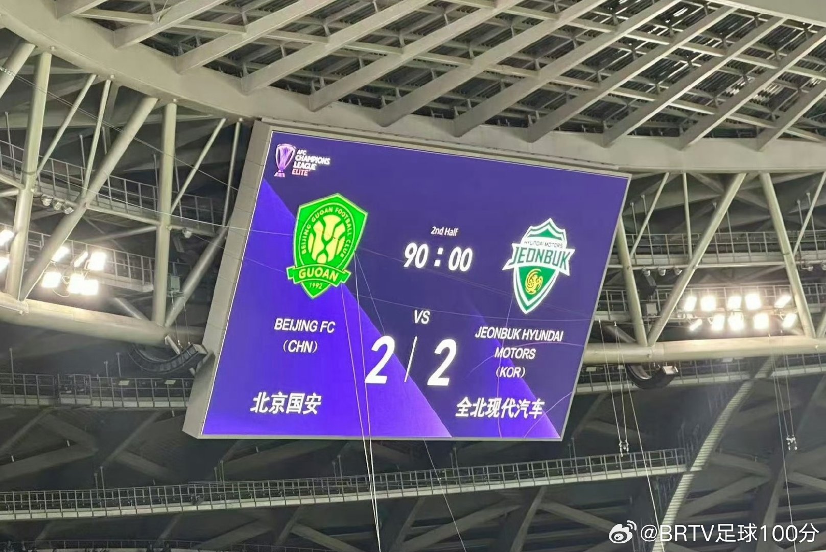 #北京国安vs全北现代# 亚冠精英联赛第3轮，北京国安2-2战平全北现代汽车。外援杜齐亚克与老将王刚分别为球队建功。此役过后，国安在亚冠精英联赛中取得2胜1平的战绩，排名东亚区第3位。 ​