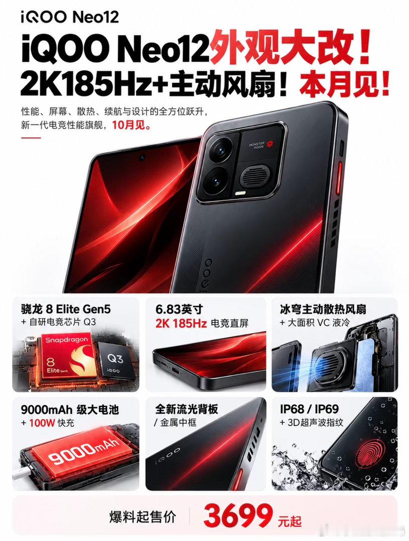 iQOO Neo12外观大改
iQOO Neo12配置曝光｜2K 185Hz + 主动风扇，这次真的像“电竞特化版旗舰”
iQOO Neo12这一轮信息放在一起看，方向其实非常明确，就是继续强化游戏体验。
核心配置目前曝光的是：
骁龙8 Elite Gen5 + 自研Q3电竞芯片，主打双芯游戏体验；
6.83英寸2K 185Hz电竞直屏，兼顾高分辨率和 ​