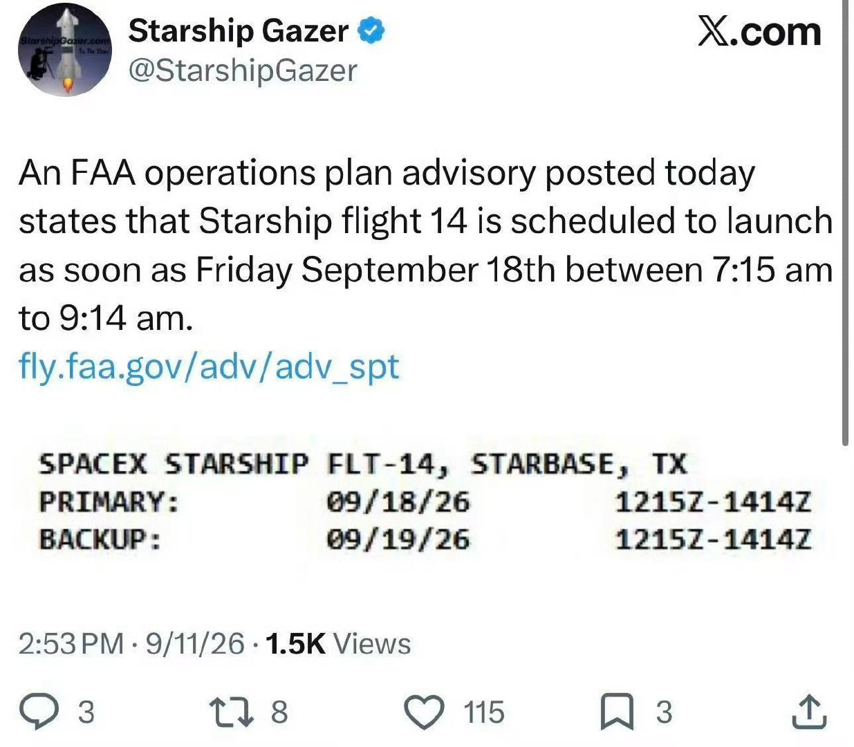 发射预报【根据FAA公告，#马斯克##商业航天# SpaceX的第14次星舰发射窗口，北京时间9月18日18：15分】 ​