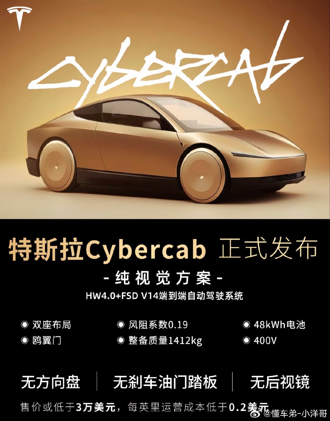 #特斯拉无人驾驶电动车无方向盘#特斯拉Cybercab无方向盘、无油门刹车踏板、无后视镜，也是一场工业革命了。整车采用双座布局与鸥翼门设计，辅助驾驶完全依赖FSD全自动驾驶系统运行，如果引进国内，你敢坐吗？🤔 ​