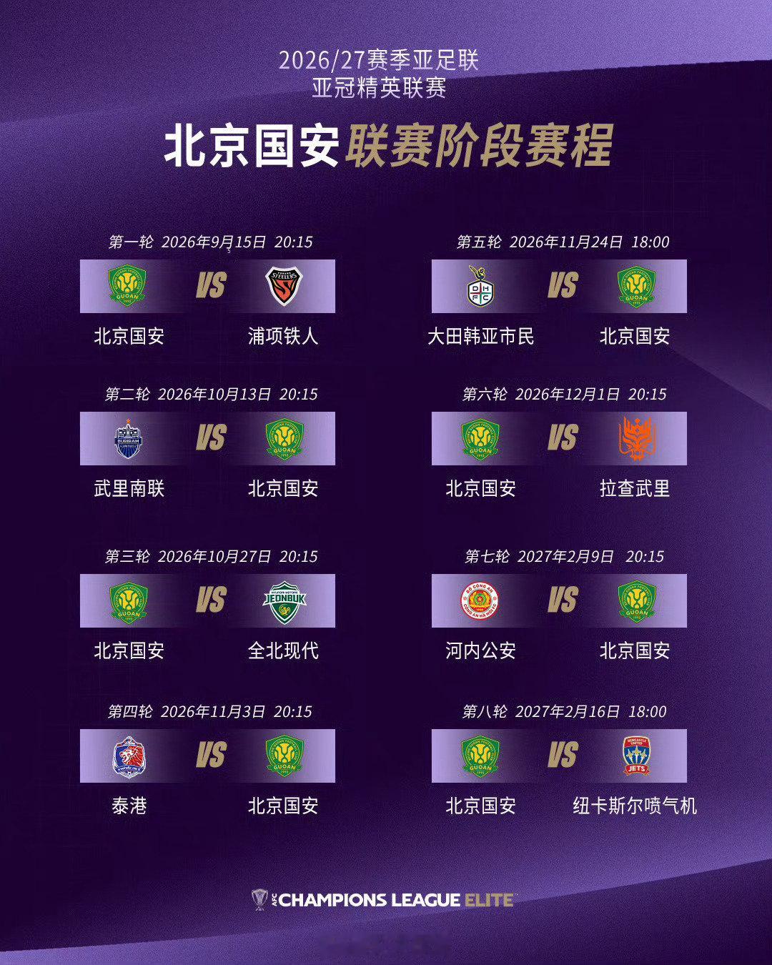 亚冠官方公布#北京国安##亚冠精英联赛# 赛程，均为北京时间。 ​