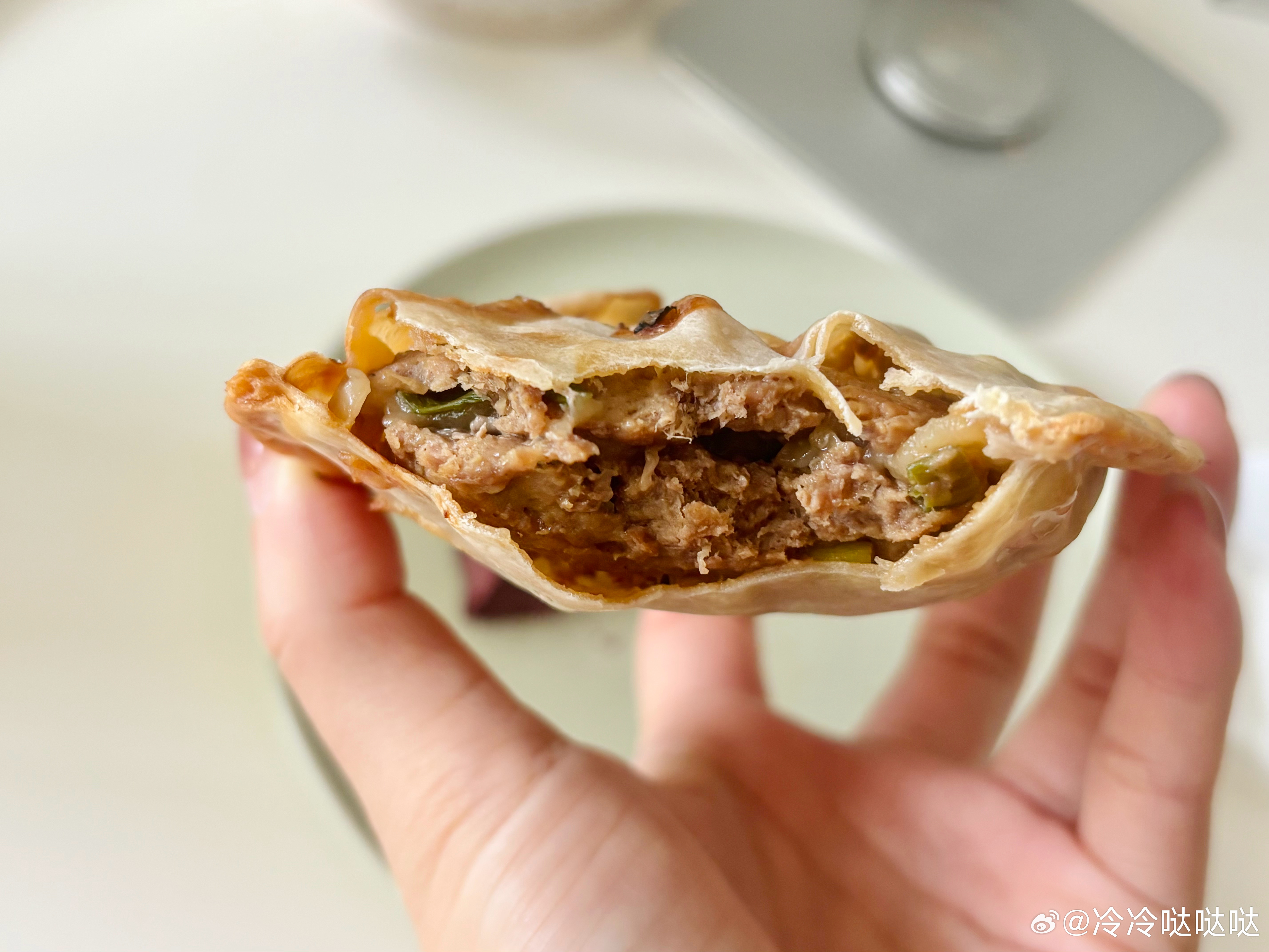 昨天捯饬到半夜做牛肉馅饼，肉选牛后腿肉，瘦肉估计能到95%，贼瘦反正，调馅的过程中额外加了4g牛油果油，饺子皮擀大铺肉馅。这样做的话一个100g左右不到200大卡的热量，蛋白质高、脂肪低，过嘴瘾很合适。昨晚整好一个，马上空气炸锅加热好给学霸尝尝咸淡，我也吃了两口，饼皮脆但局部有点硬，空气炸锅风干过头了，用平底锅煎应该更好吃但我懒。图3让豆包生成的图400g的肉也就做了6个，剩下5个冻起来。昨晚满怀期待入睡了，想着早餐可以吃一整个饼子，梦里都在吃牛肉馅饼减脂期我虽然控制饮食，但热量、碳蛋脂都吃足了，现在不馋甜品不馋零食，就馋酥酥脆脆的饼子但酥脆就意味着糖油过量啊！不敢吃。自己做的么没外头卖的那么酥脆，但能毫无负担过嘴瘾早上被吃饼子的期待催着早早醒了，学霸在厨房捯饬，我以为他要热个饼吃，爬起来到厨房跟他说怎么加热，他说他不吃这个饼。我就又躺回去了。过了一会他进房间跟我说，他用平底锅加热了一个饼，火开太大饼子糊了，扔掉了。我心痛的无与伦比甚至想立刻剥夺他吃我做的减脂餐的权利给他吃都是白吃...