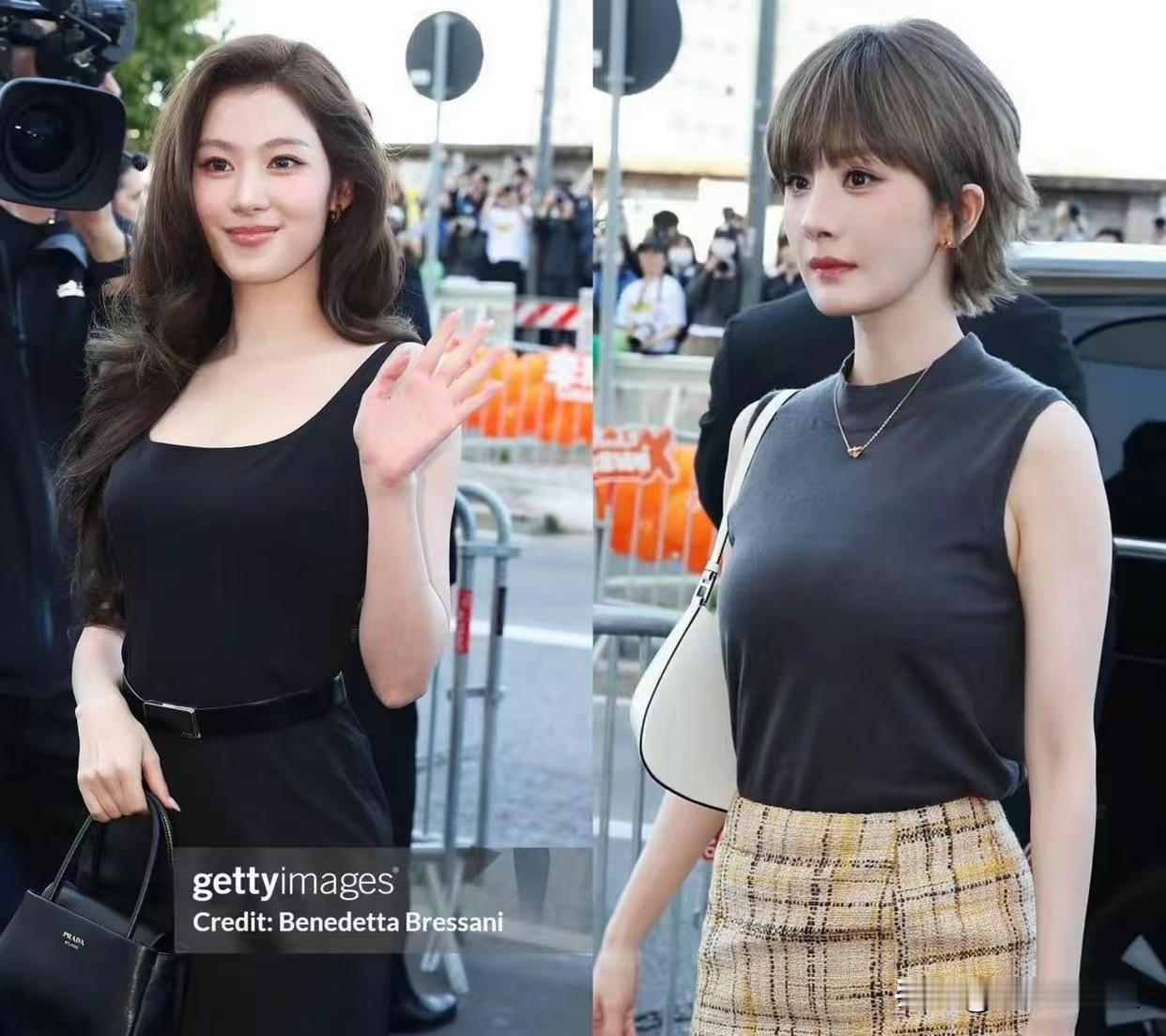 杨幂这次米兰时装周，一头浅棕短发直接让人挪不开眼。灰色无袖针织配亮色格子裙，瘦而不柴，该有肉的地方一点不含糊，腰细得盈盈一握，身材是真能打。内场跟李现聊得火热，旁边坐着球星韦德，李现主动张罗合影，杨幂难得露出小女生娇羞，看来面对偶像，谁都是一个样。短发利落，状态在线，这波亮相，赢麻了。