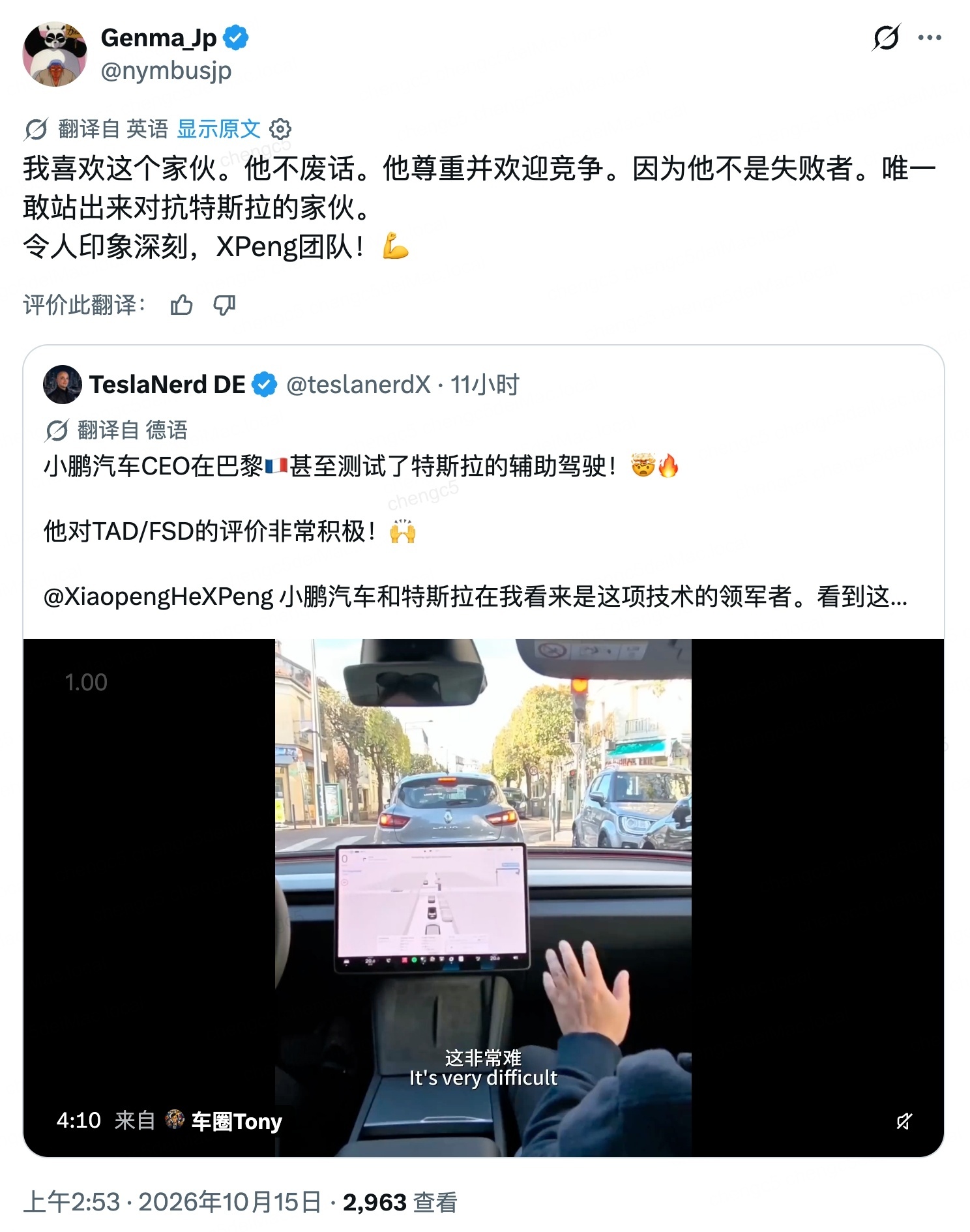 最近小鹏NGP和特斯拉FSD在巴黎车展，行业内很关注，也有不同的声音，几个背后信息可以和大家分享一下：

1，巴黎车展官方事前征询了所有参展车企，邀请大家在巴黎街头展示自己的智驾。但最终只有特斯拉和小鹏参加了，其它因为种种原因没有参加。其实此前我们也并没觉得这是个很大的事，但现在来看，小 ​