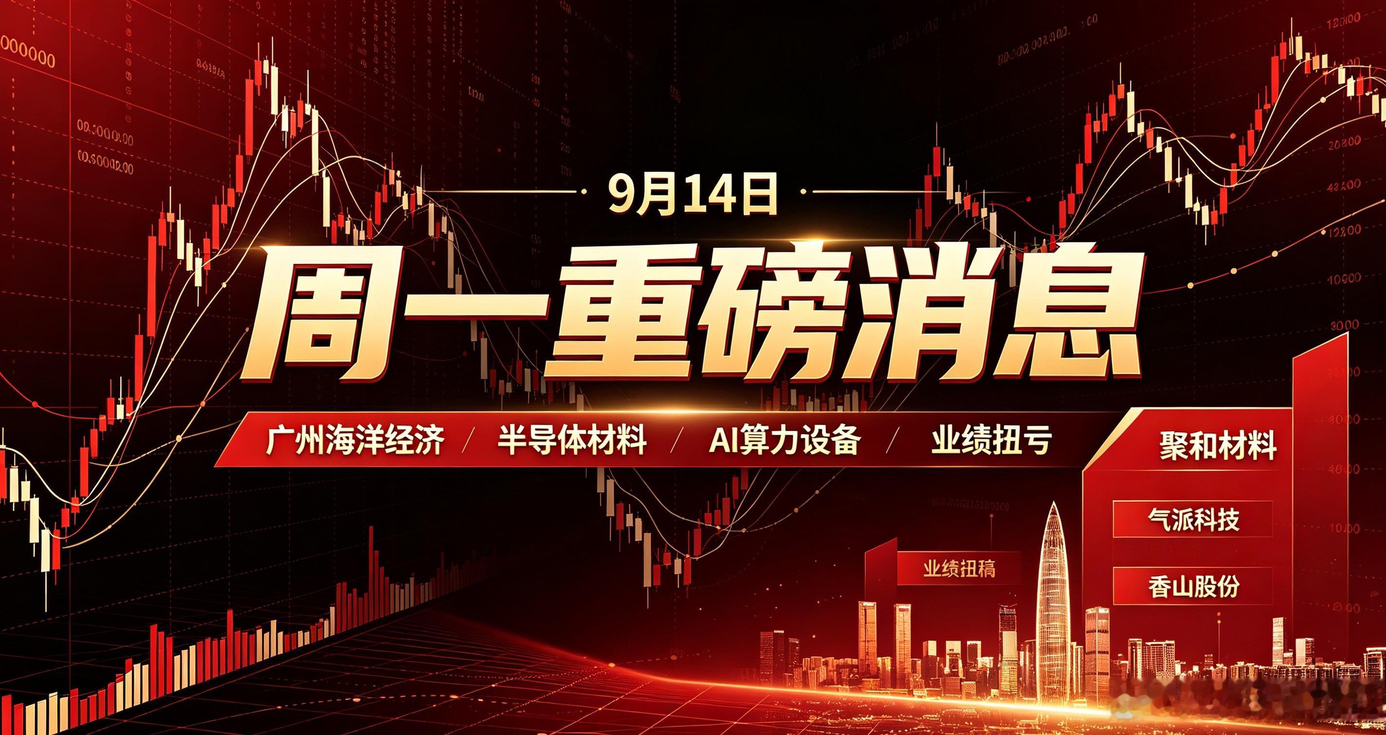 9月14日周一股市个股利好利空重磅消息：看看有没有你的持仓股

利好消息一览

1. 广州：促进“海洋+低空航天”融合发展
广州将聚焦海上商业航天发射、回收、测试、运维等环节，拓展相关产业链，推动海洋经济与低空航天产业协同发展。

2. 广州：加快海洋产业平台布局
广州拟加快建设船舶海工、海洋智能 ​