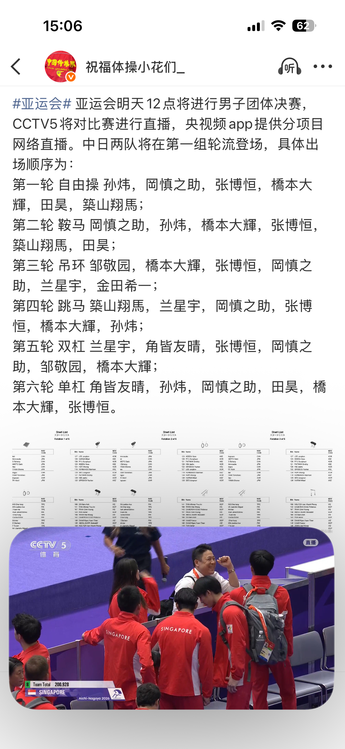 真的太莫名其妙了我说。。刚才脚球U23听得差点睡着在工位上赶紧换成体操，体操团体决赛也到尾声了，看见孙炜单杠失误就去翻了下体操博主的出场名单，发现张博恒还在打满六项拉磨啊。。？这个生态环境也太差了吧其他人最多打四项三项两项，奥运会之后也没太关注竞技体操但是两年了还指着一头驴拉啊，果 ​