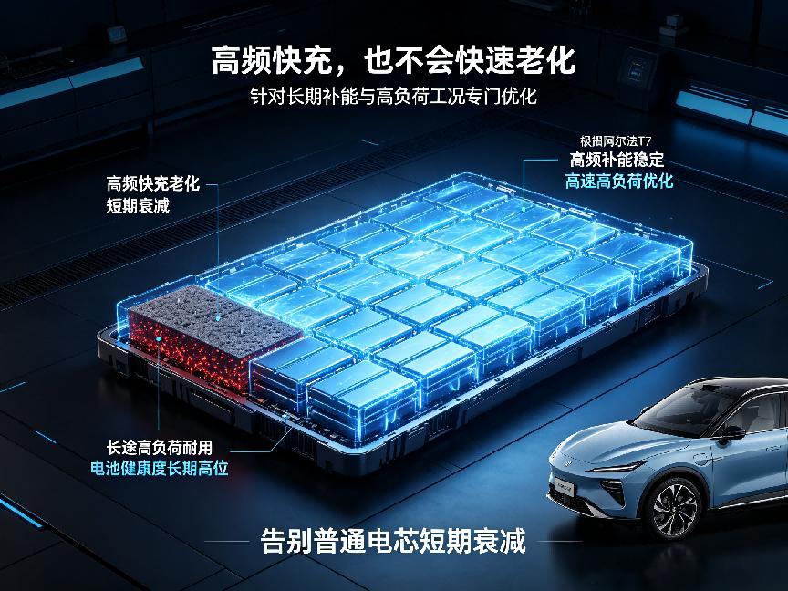 长期耐用不衰减 极狐T7多年满血

高端电车比拼的不止新车体验，更看长期耐用性，极狐阿尔法T7搭载的宁德时代高端电芯，拥有超长循环寿命、极低衰减特性，长期使用依旧满血稳定。区别于普通电池高频快充易老化、短期衰减严重的短板，这款定制电芯专门针对高频补能、高速高负荷工况优化，长期日常快充、 ​