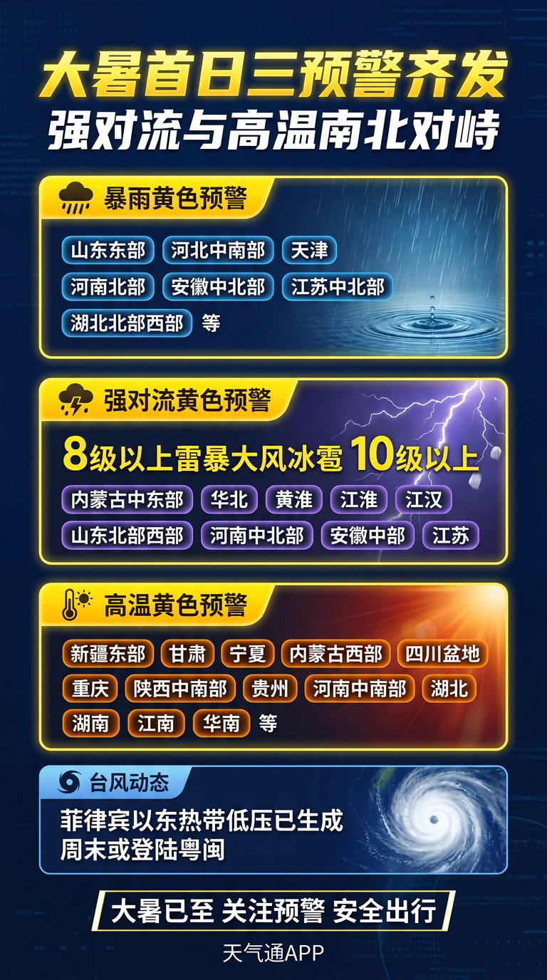 【大暑首日三预警齐发 强对流与高温南北对峙】今天进入大暑节气。最新预报...