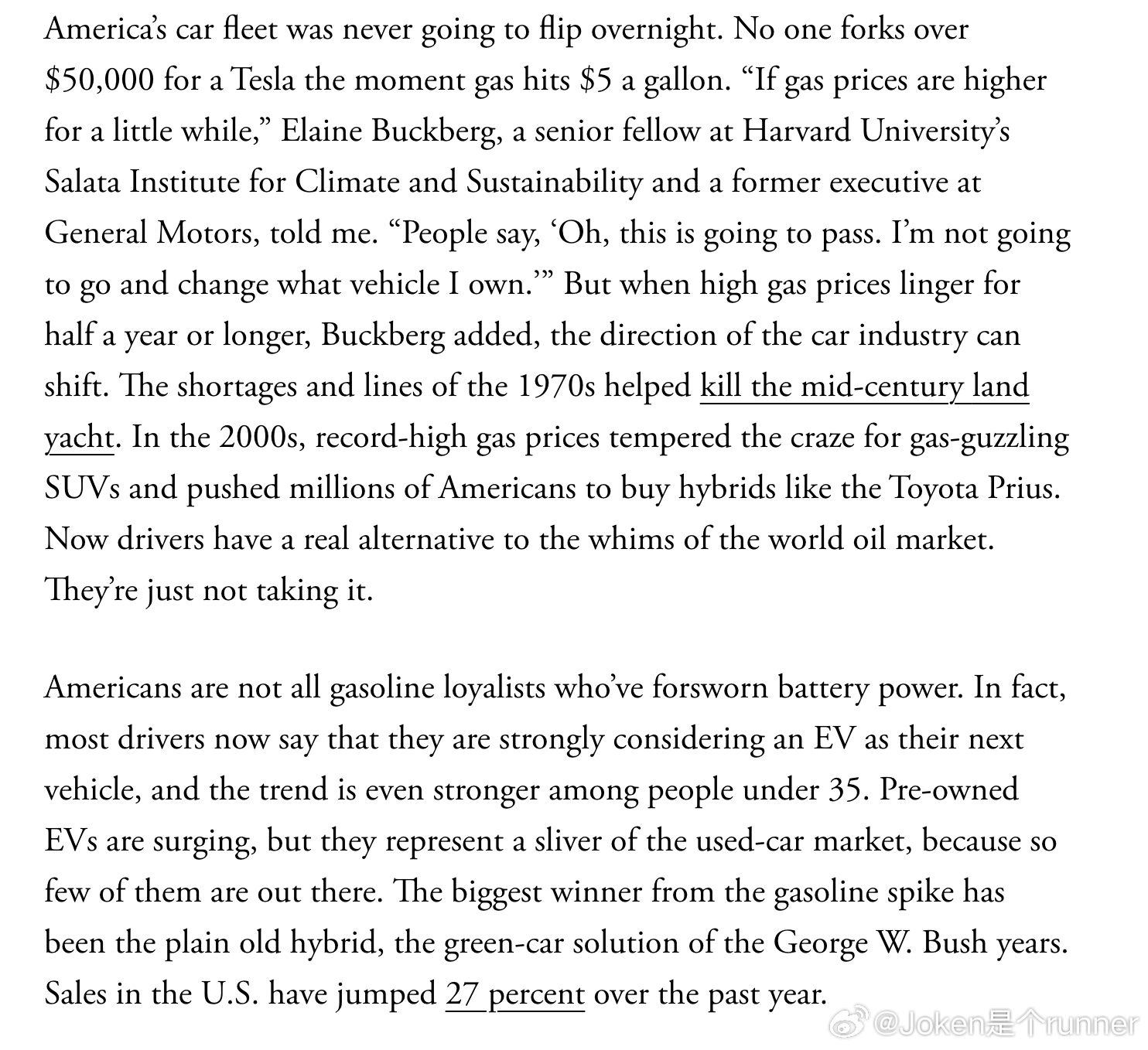 The Atlantic，美国人花更多的钱，却开上了更差的汽车Americans Are Spending More Money to Drive Worse Cars

如果高油价都无法说服美国司机转向电动汽车，还有什么办法？

安德鲁·莫斯曼（Andrew Moseman）

自汽车诞生以来，历史上还是头一次，新车市场的主流车型不再全部依靠汽油驱动：2026年以来 ​