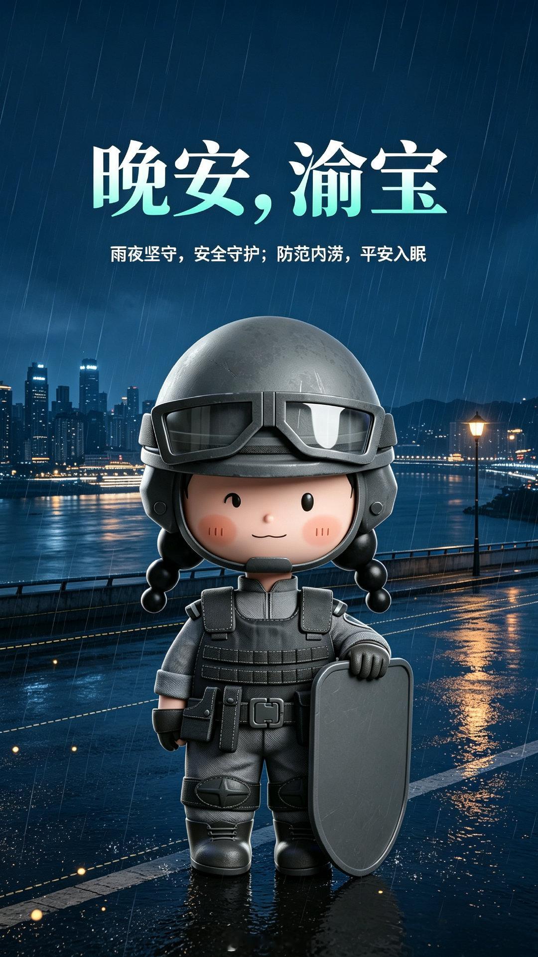 #晚安# 雨夜坚守，护一方平安。渝中公安提醒：注意防范城市内涝与道路积水，夜间出行务必谨慎慢行，平平安安回家，安安心心入眠。#守护渝宝每一天##晚安[超话]# ​