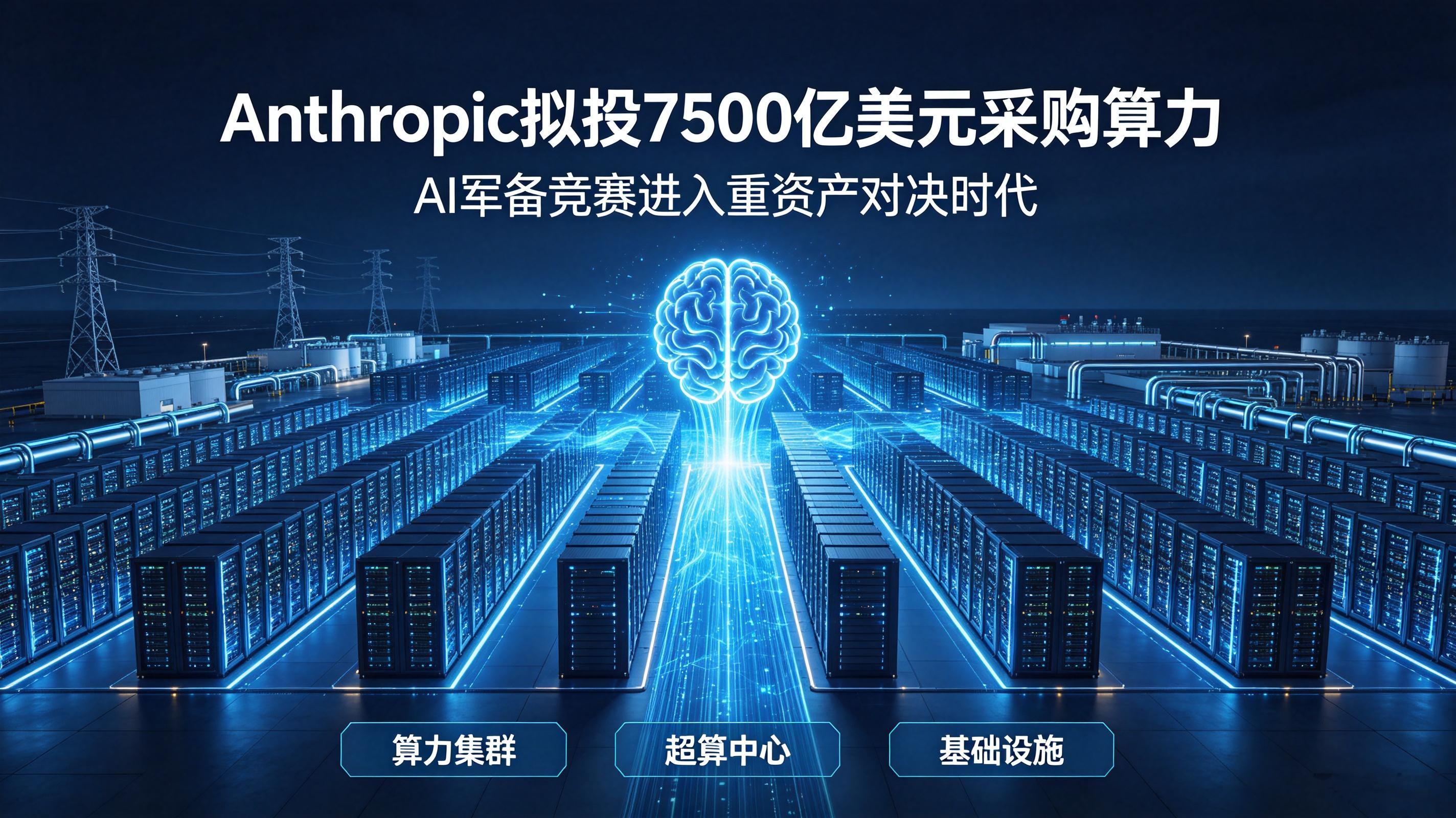 Anthropic拟投7500亿美元采购算力，AI军备竞赛升级

据招股书草案披露，AI企业Anthropic未来数年计划投入约7500亿美元用于算力采购。其上半财年净亏损807亿美元，算力与基础设施支出近90亿美元，同比激增近3倍。
 
看点：
✅ 数千亿美元级算力采购
✅ 从模型比拼升级为重资产对决
✅ 算力成为AI企业核 ​