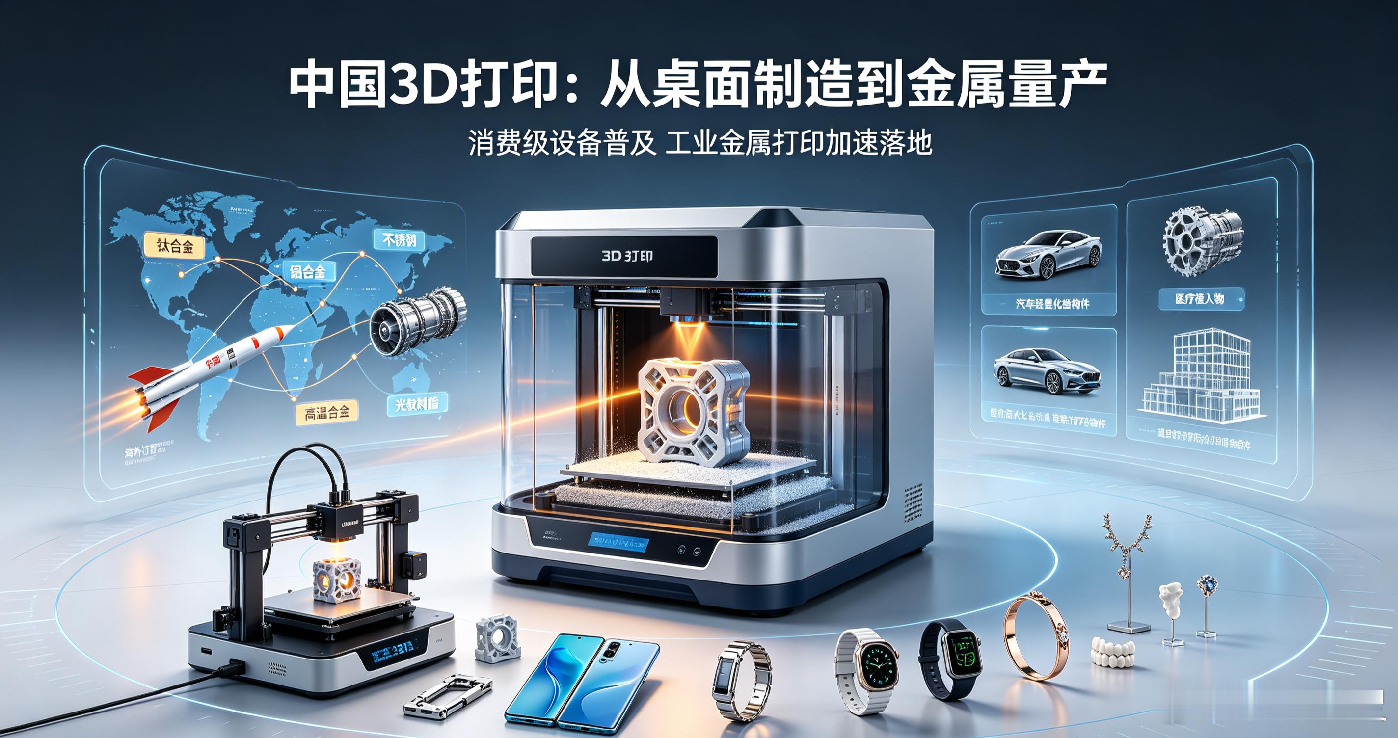 中国3D打印走到哪一步？从航天零件到手机配件，国内产业现状全解析
提到3D打印，很多人的印象还停留在打印小摆件、手办玩具。但如今国内3D打印（增材制造）已经发生巨大变化，消费级设备全球领先，工业金属打印不断突破，航空航天、汽车、消费电子、医疗都在大规模应用 。
不少人好奇：现在国内3D打印 ​