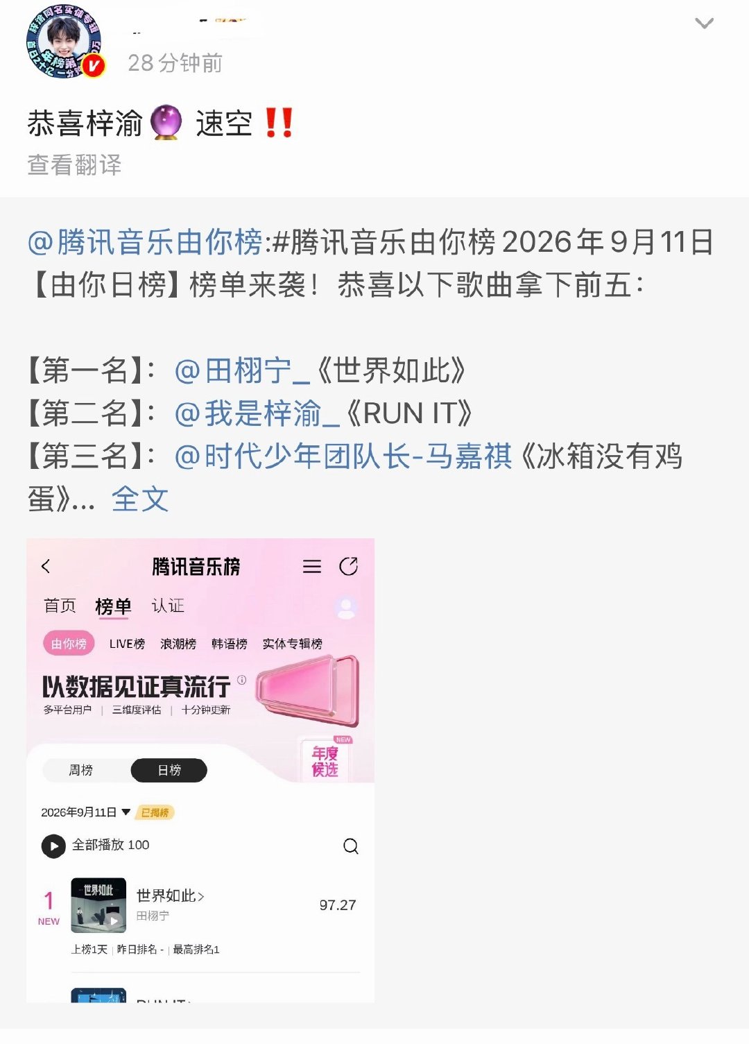 梓渝的《Run it》排第二名，还去控啥呀？
小yuni看到排第一的《世界如此》
可如何调节自己呀[doge] ​